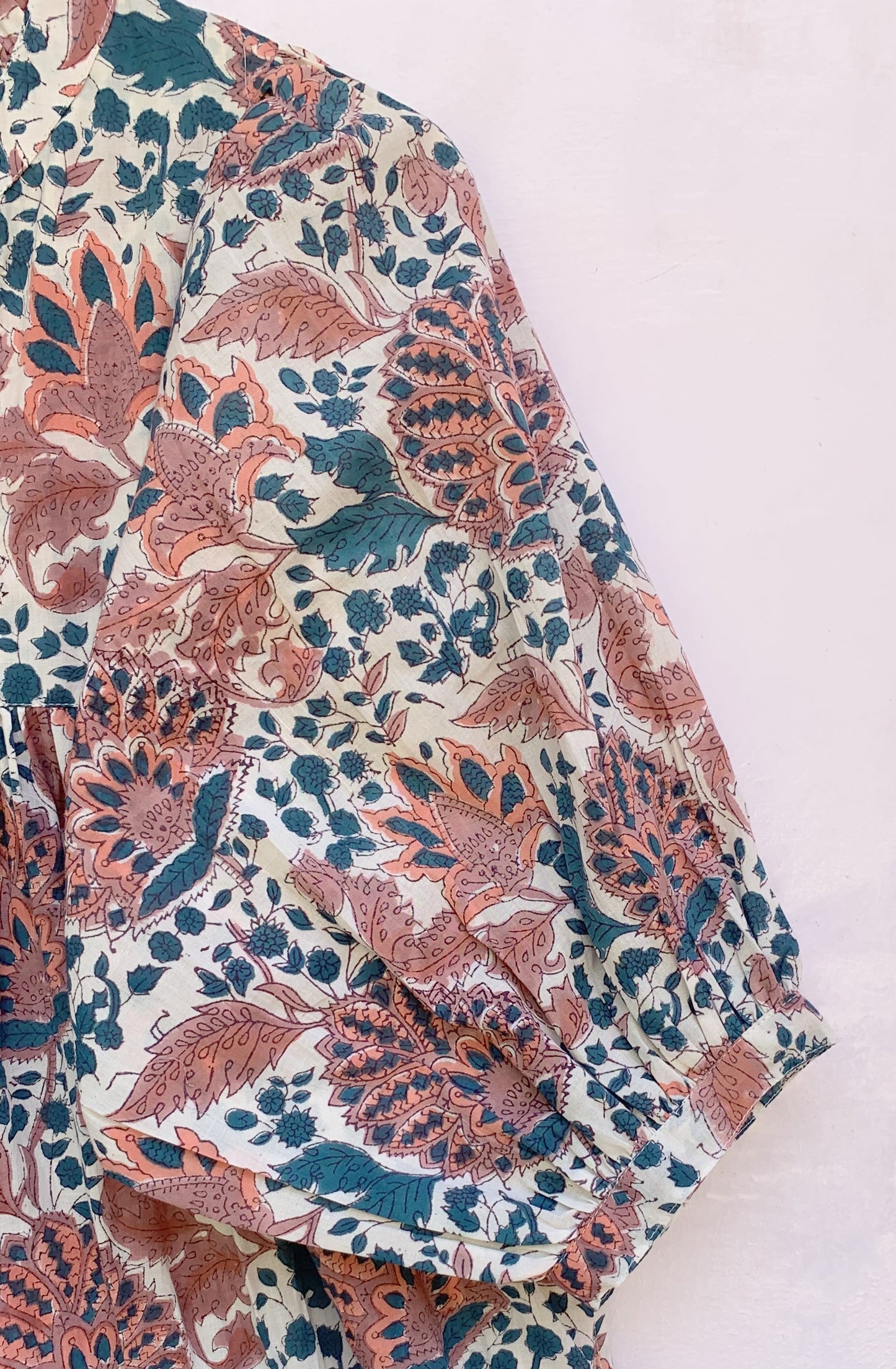 blue-green floral block printed women's summer long dress