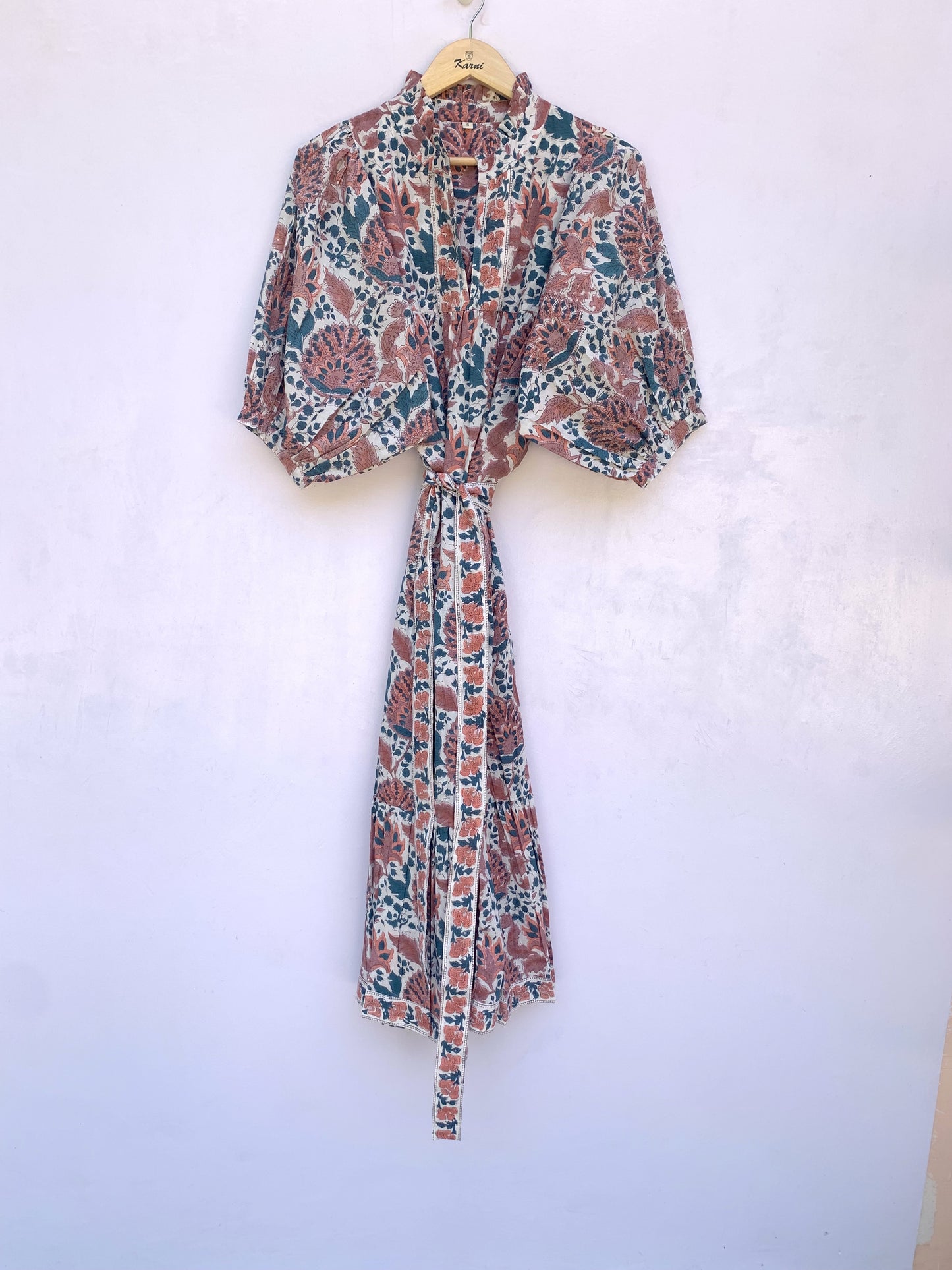 blue-green floral block printed women's summer long dress