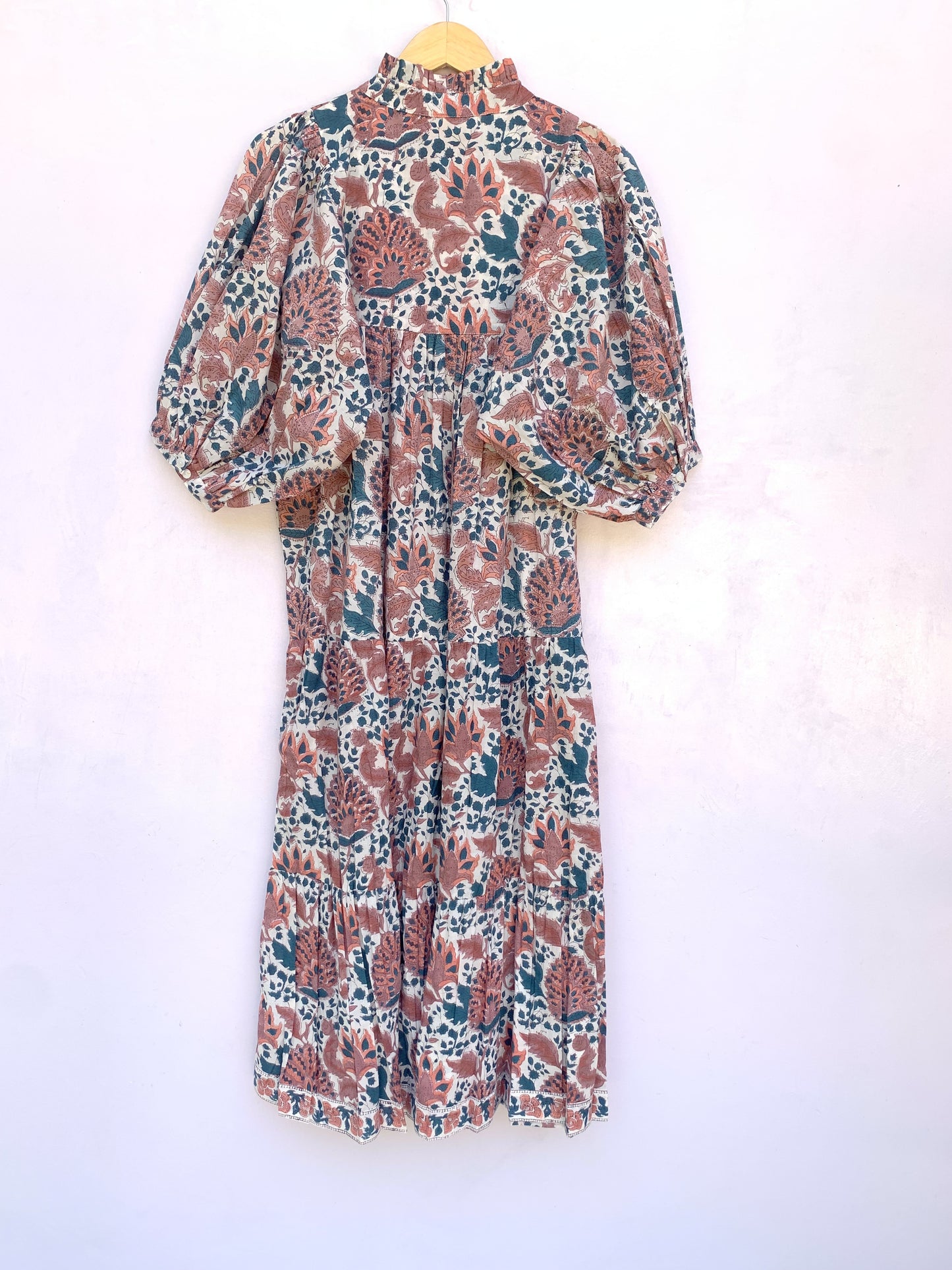 blue-green floral block printed women's summer long dress