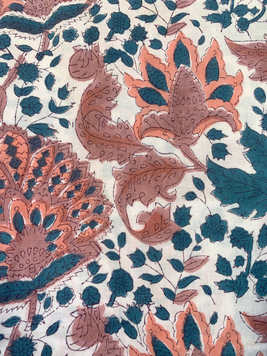 blue-green floral block printed women's summer long dress