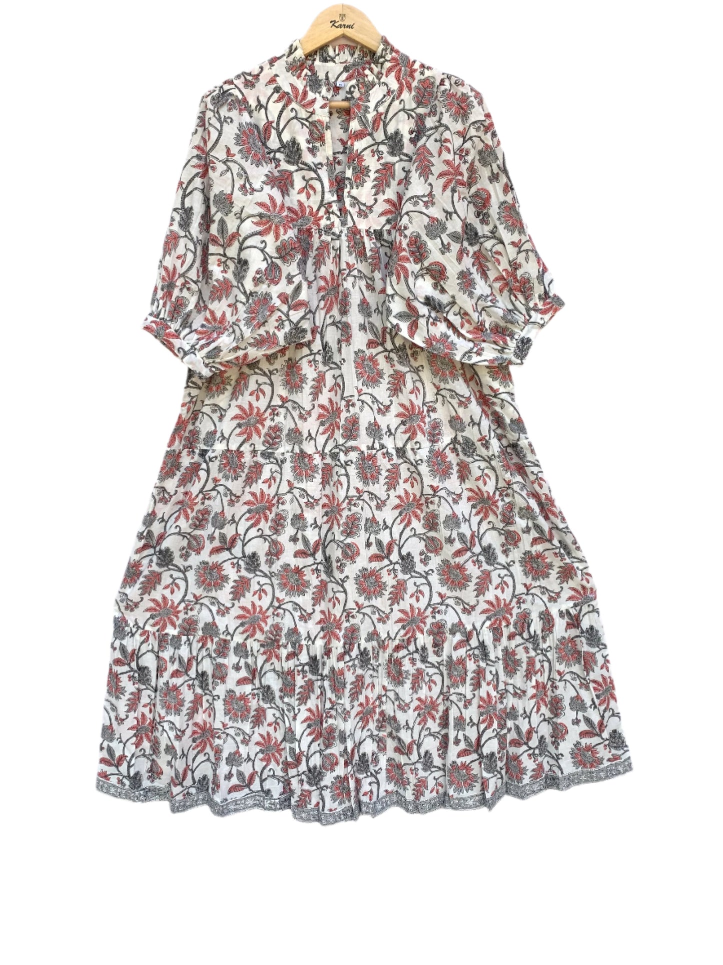 cotton white-red floral block printed women's maxi dress