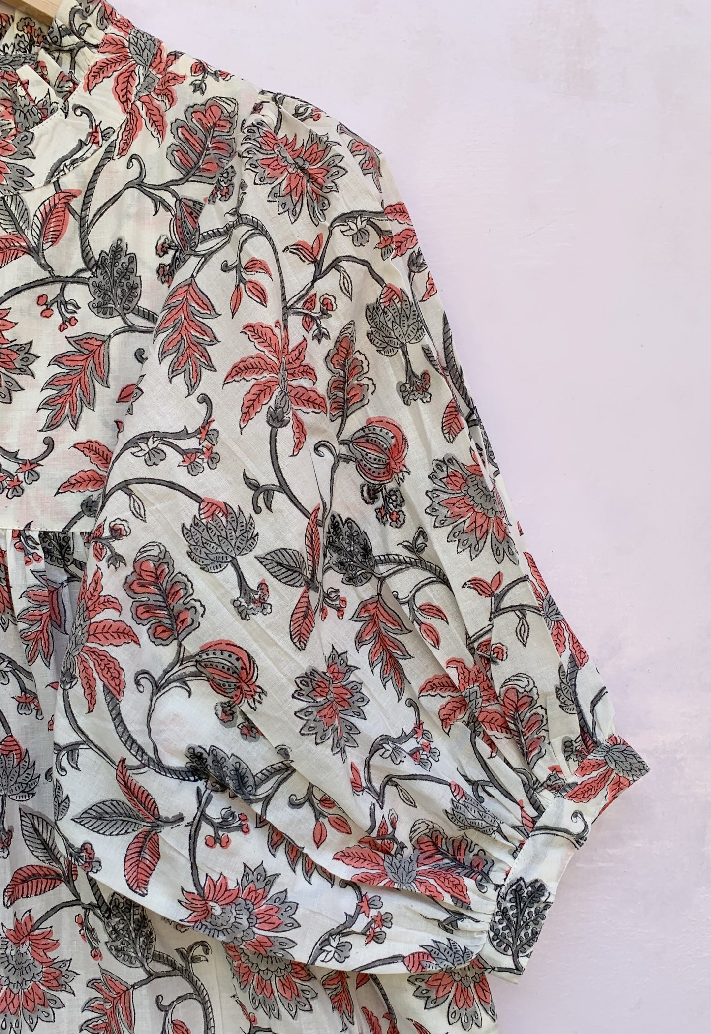 cotton white-red floral block printed women's maxi dress