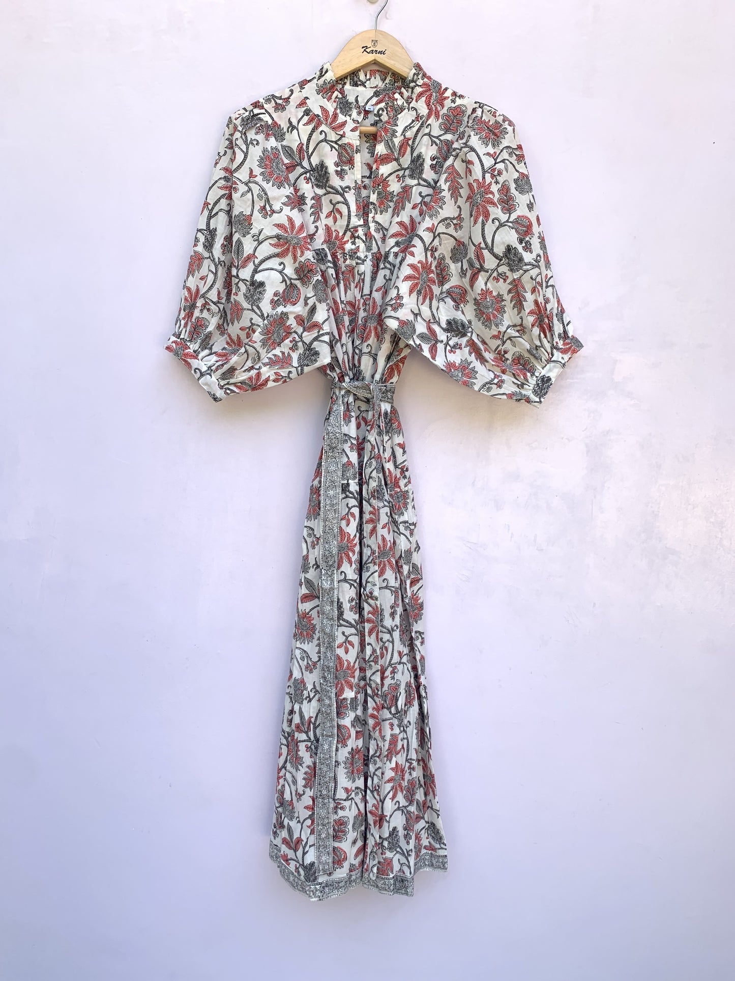 cotton white-red floral block printed women's maxi dress