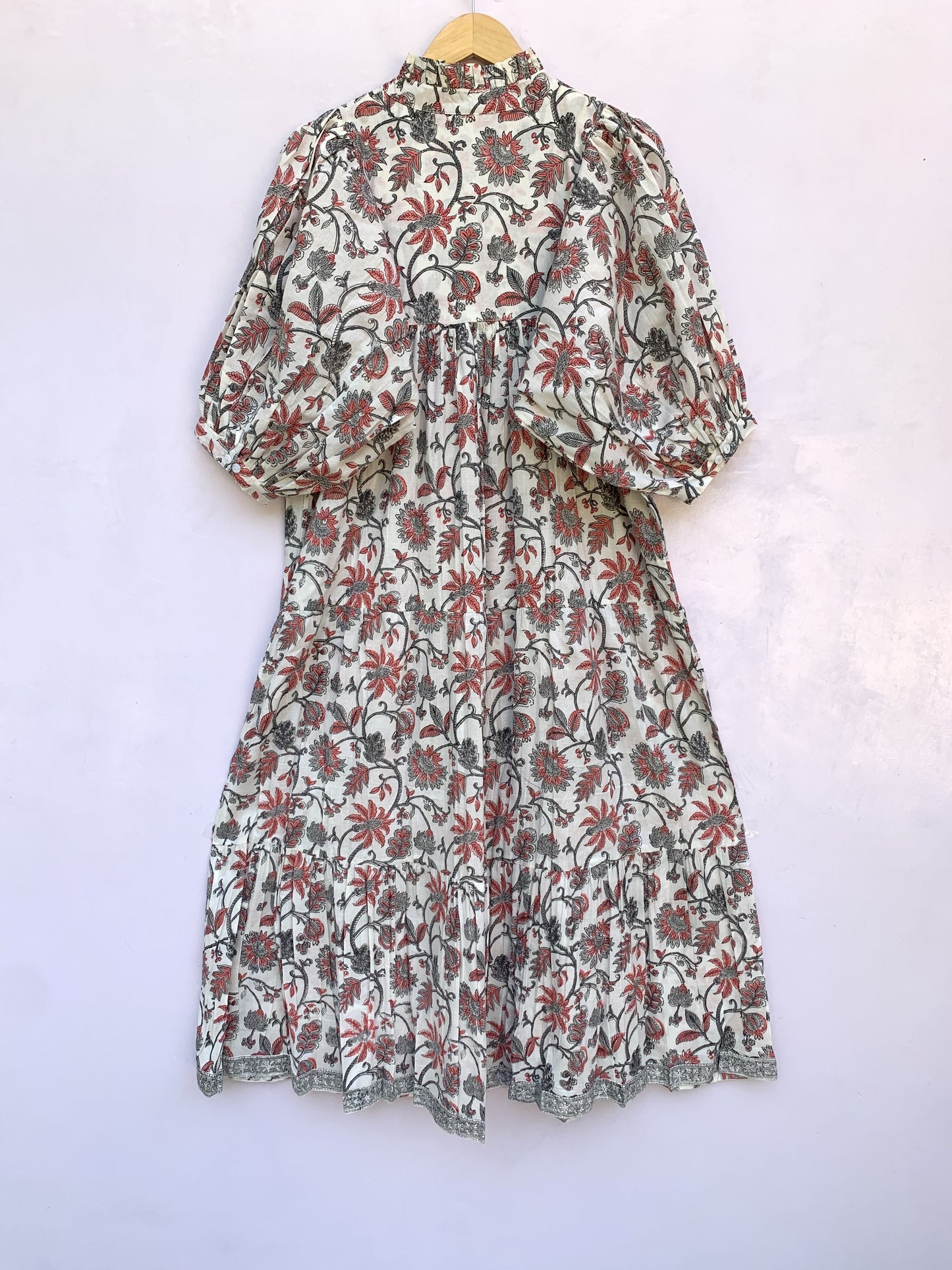 cotton white-red floral block printed women's maxi dress