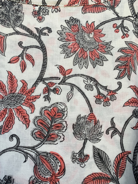 cotton white-red floral block printed women's maxi dress