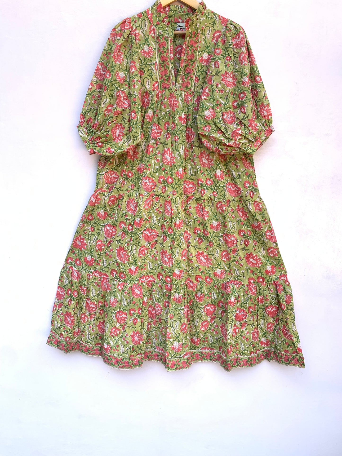 lemon green pink floral hand block printed frilled collared maxi dress - 3/4th button sleeves