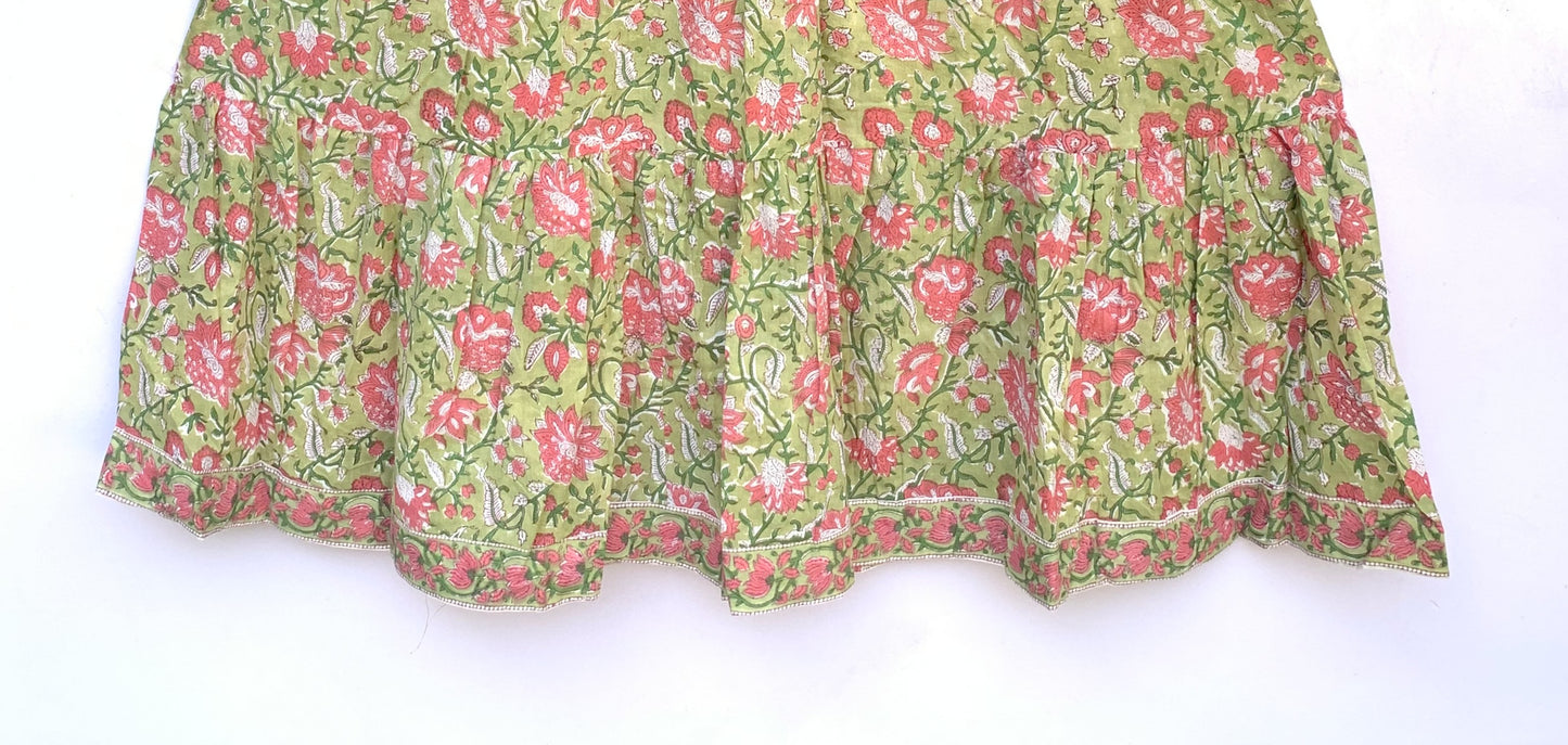 green-pink floral block printed women's maxi dress