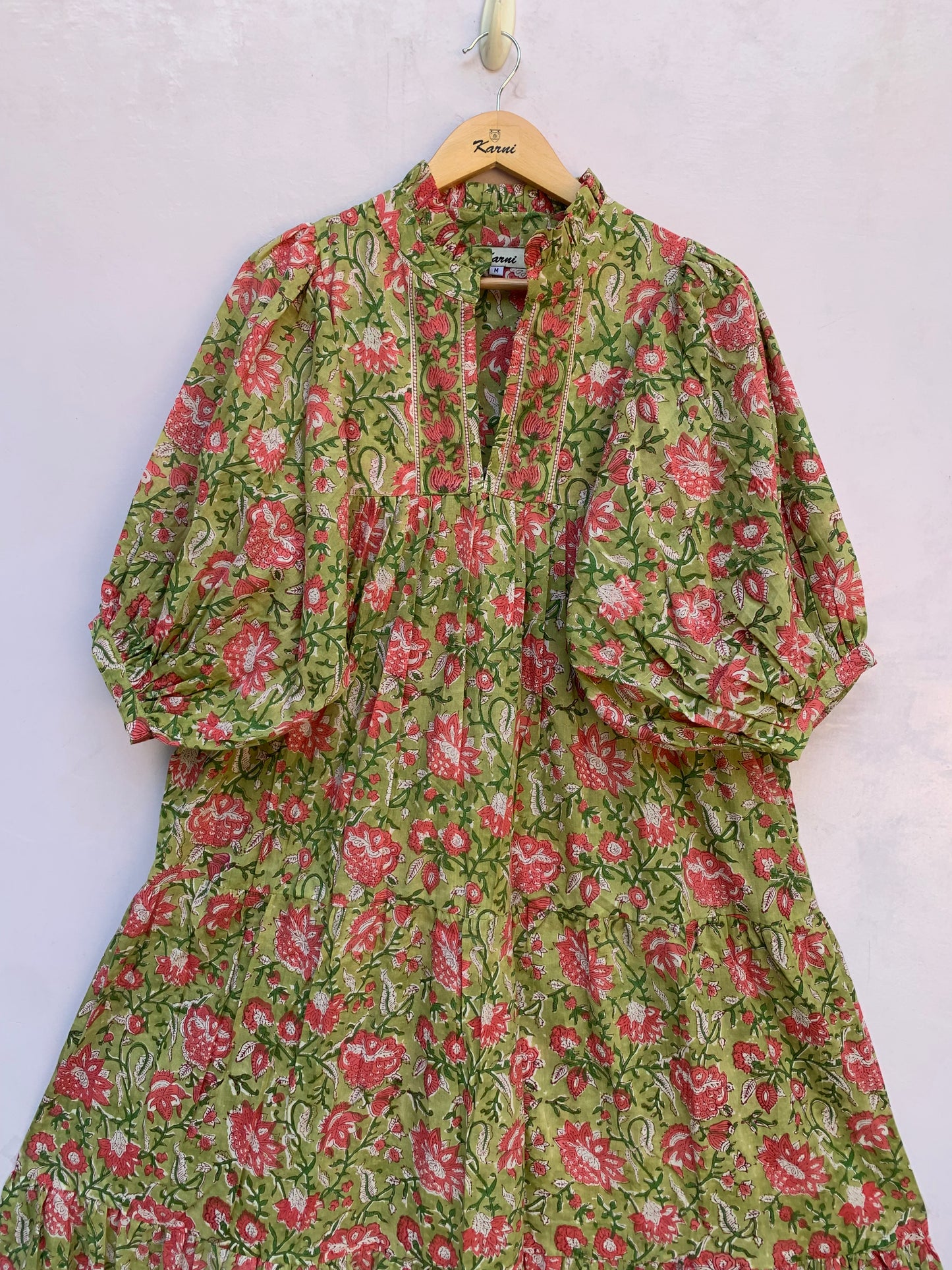 lemon green pink floral hand block printed frilled collared maxi dress - 3/4th button sleeves