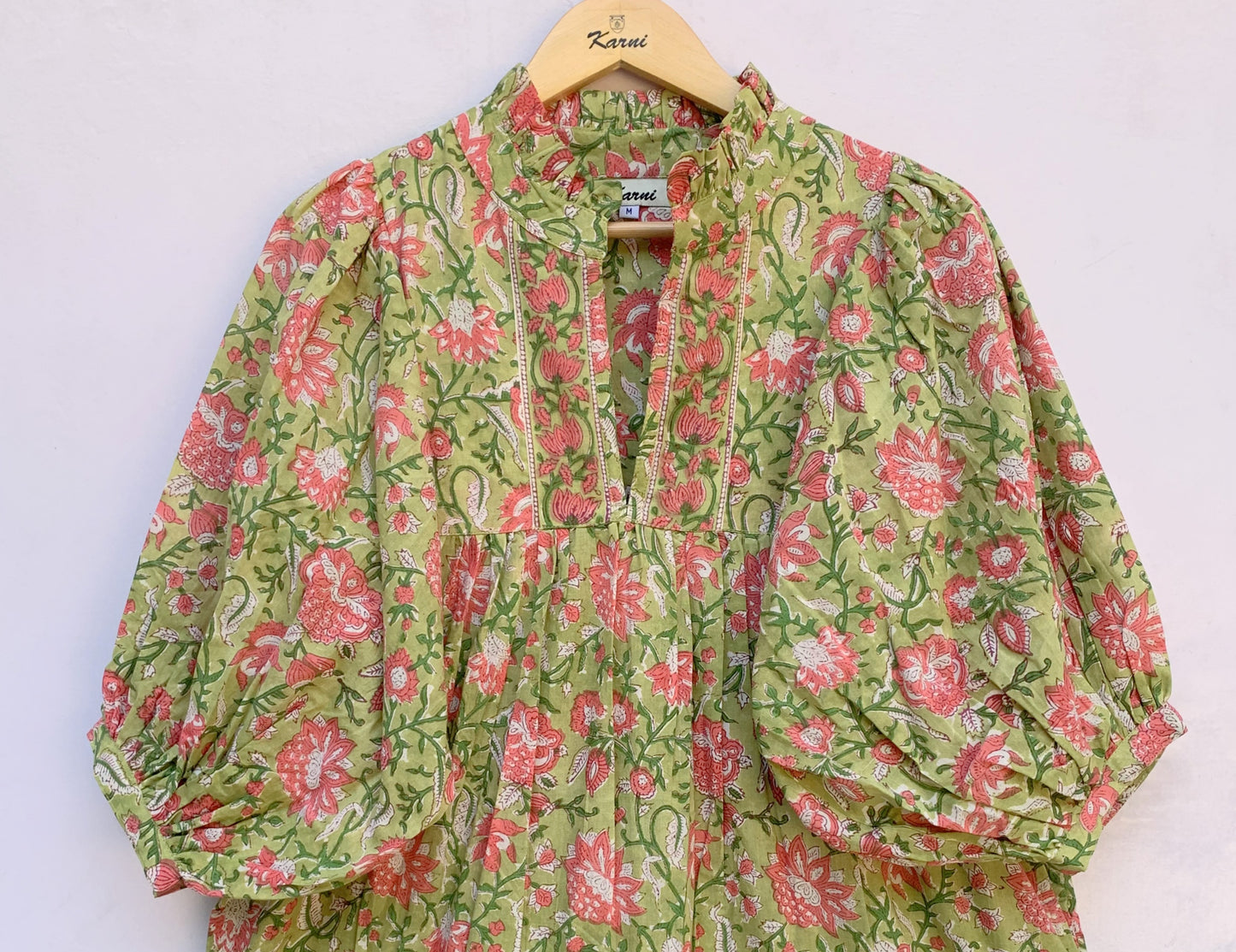 green-pink floral block printed women's maxi dress