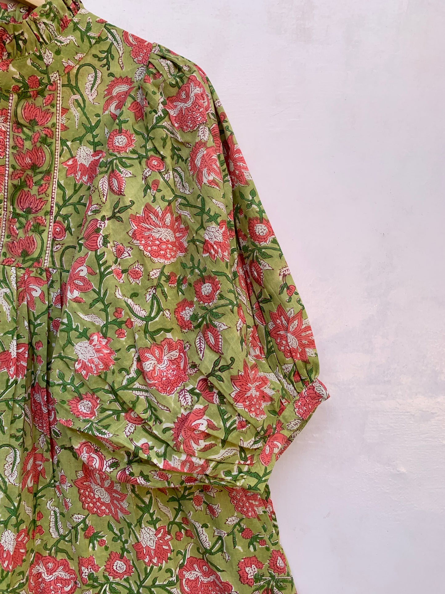 lemon green pink floral hand block printed frilled collared maxi dress - 3/4th button sleeves