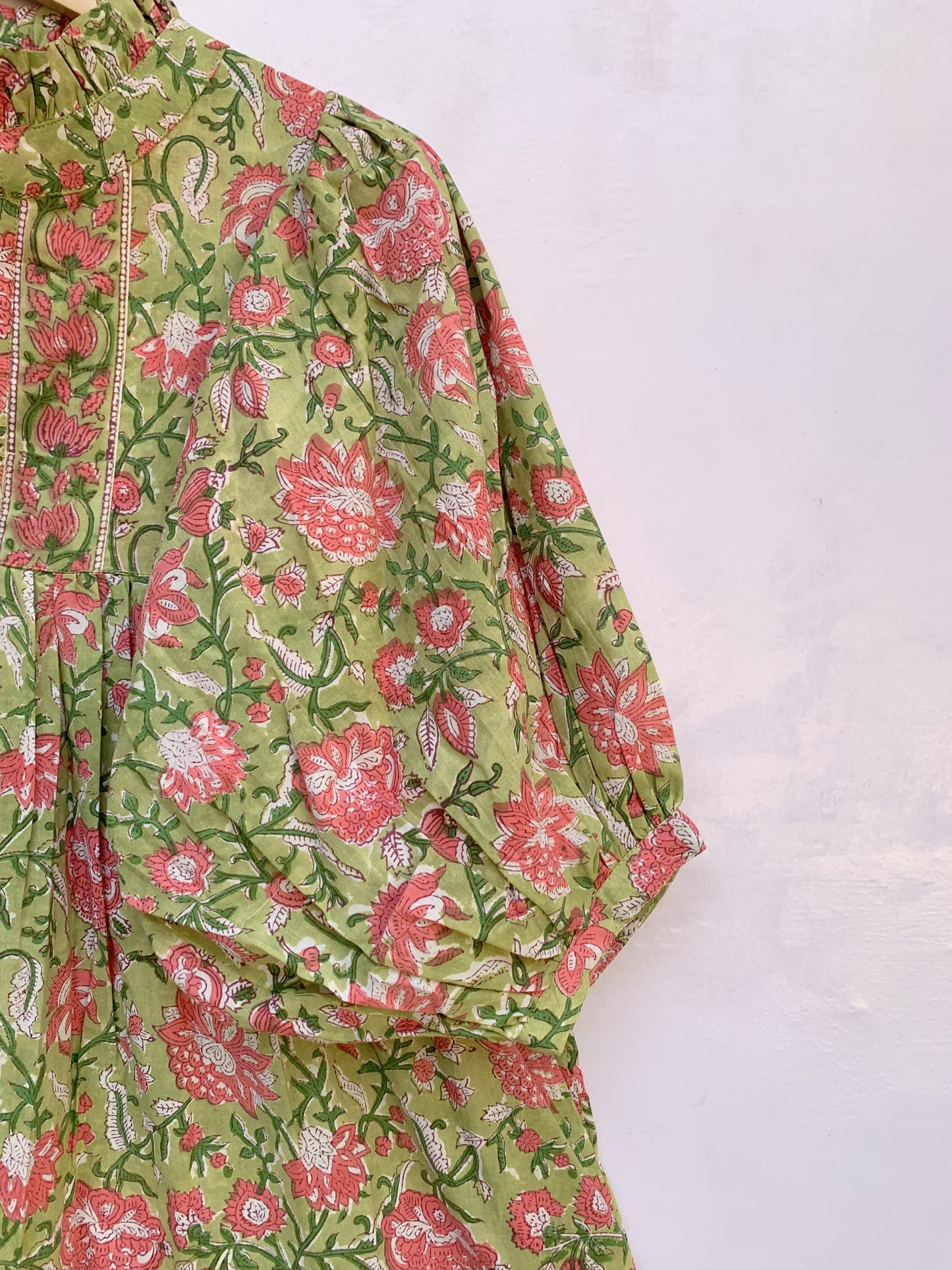 green-pink floral block printed women's maxi dress