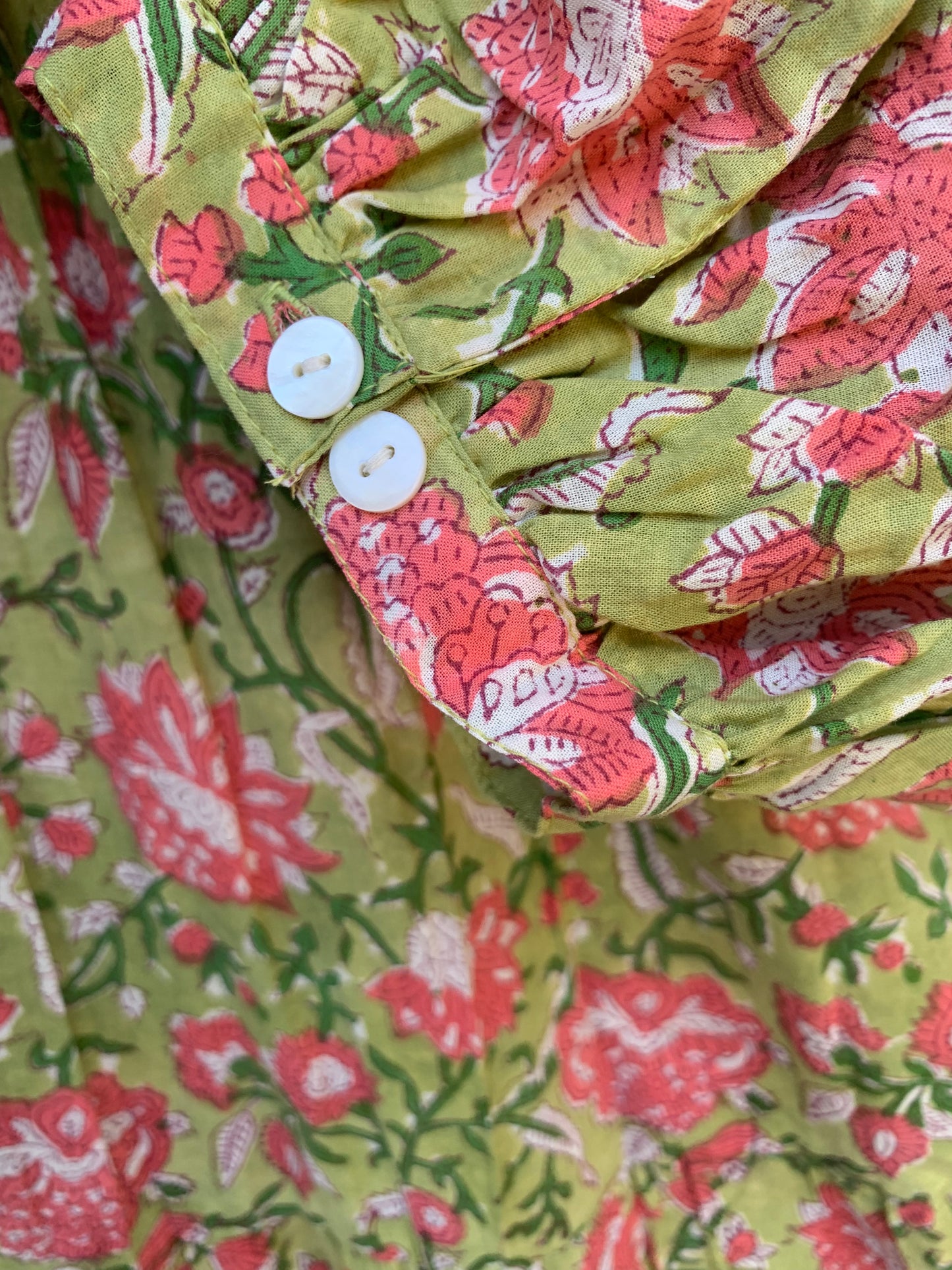 lemon green pink floral hand block printed frilled collared maxi dress - 3/4th button sleeves