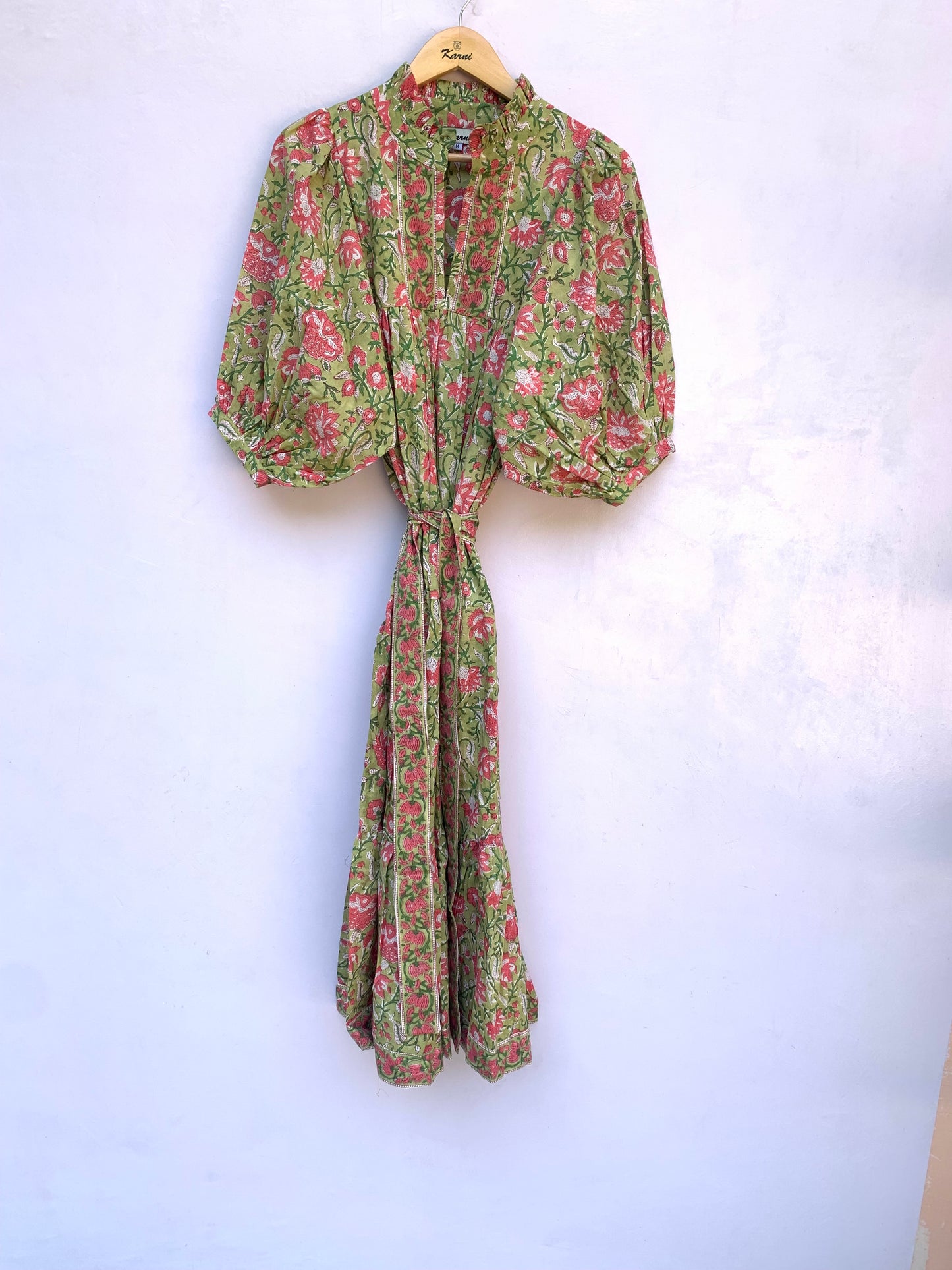 lemon green pink floral hand block printed frilled collared maxi dress - 3/4th button sleeves