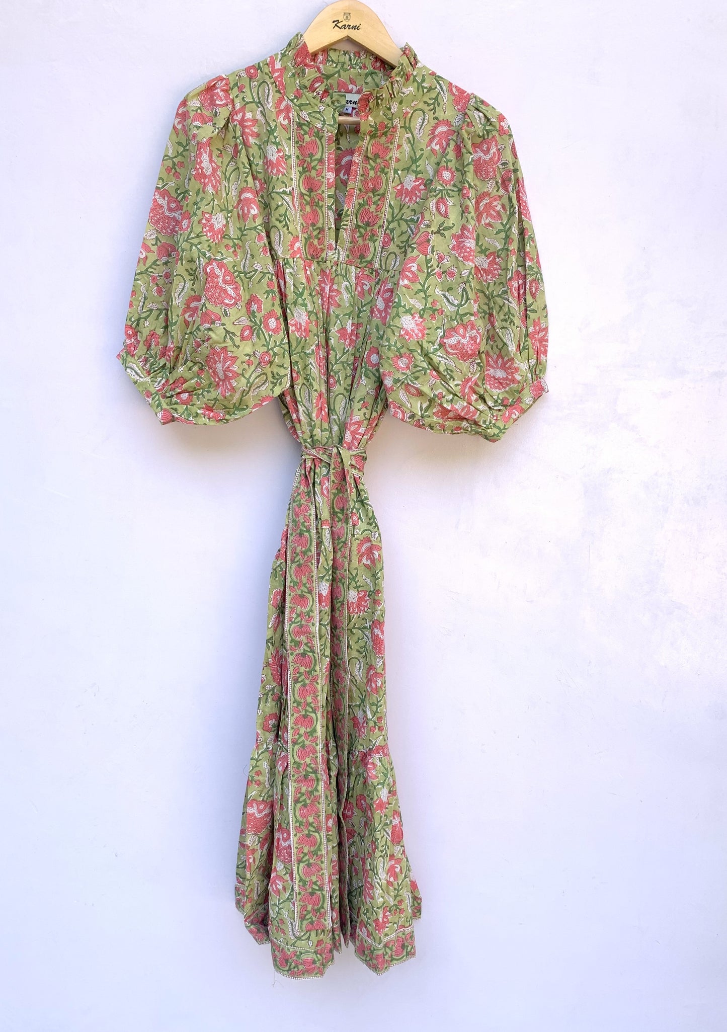 green-pink floral block printed women's maxi dress
