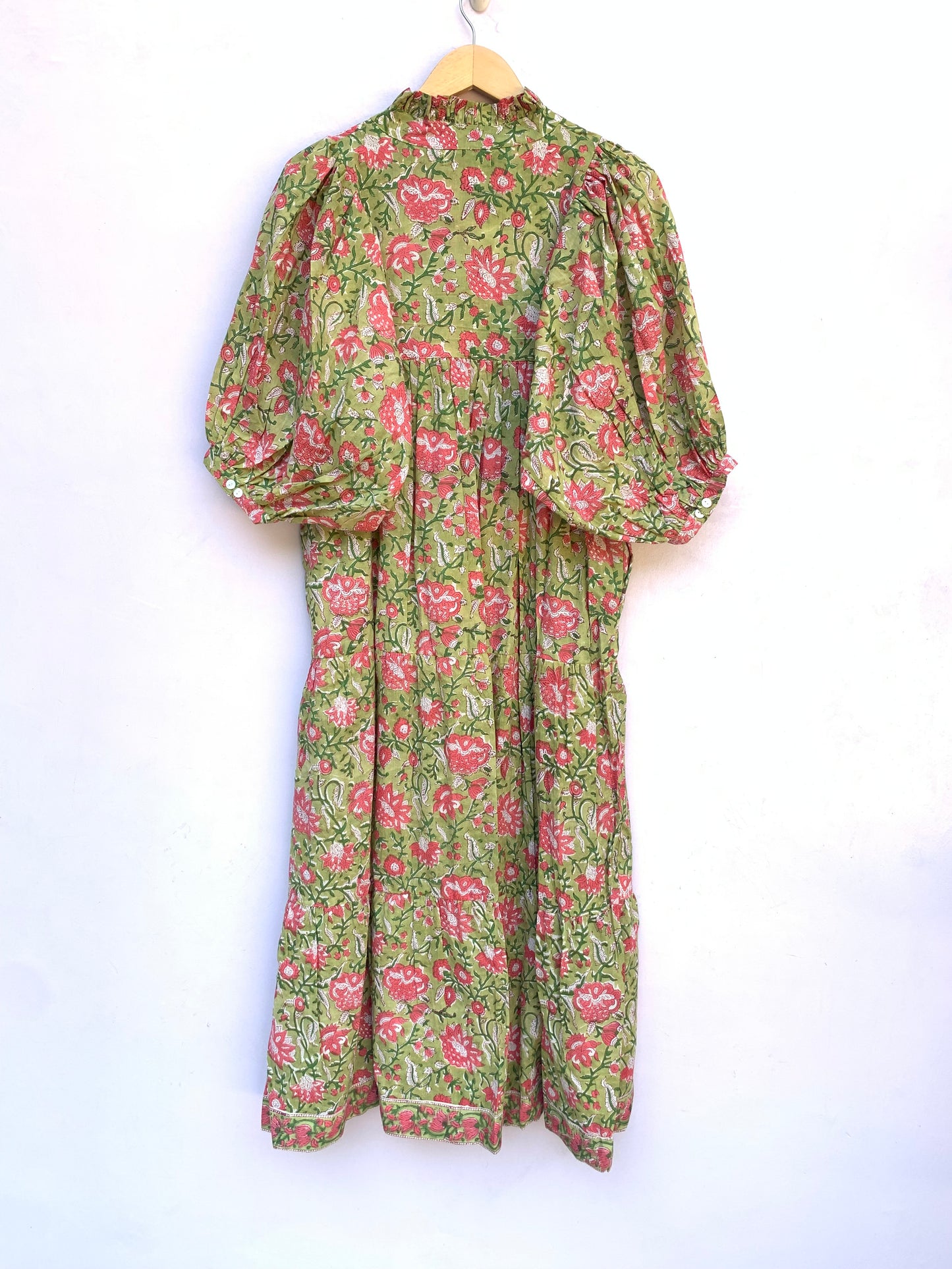 lemon green pink floral hand block printed frilled collared maxi dress - 3/4th button sleeves