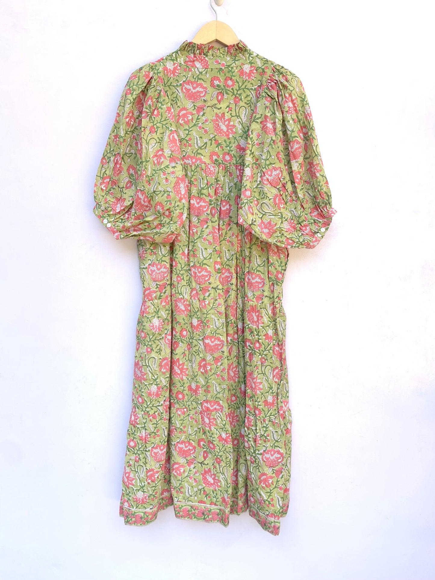 green-pink floral block printed women's maxi dress