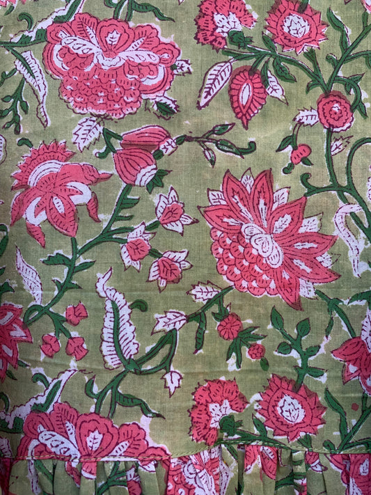 lemon green pink floral hand block printed frilled collared maxi dress - 3/4th button sleeves