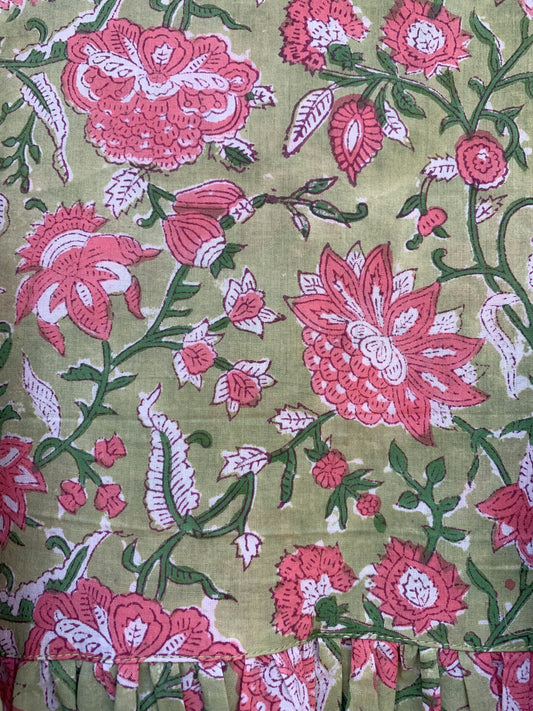 green-pink floral block printed women's maxi dress