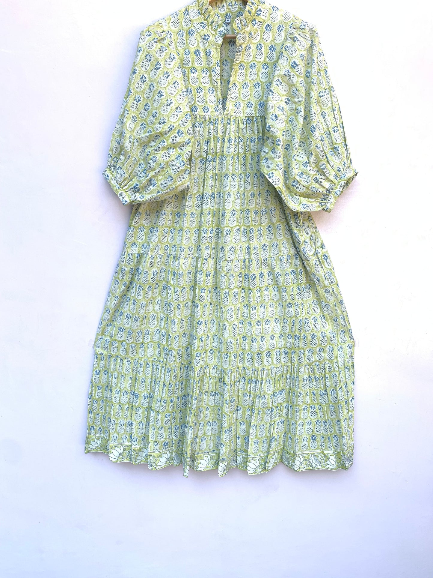 yellow pineapple hand block printed frill collared maxi dress - 3/4th button sleeves
