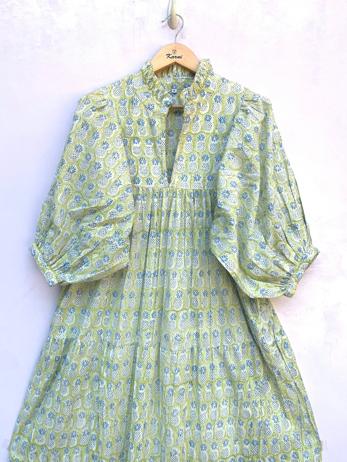 yellow pineapple hand block printed frill collared maxi dress - 3/4th button sleeves