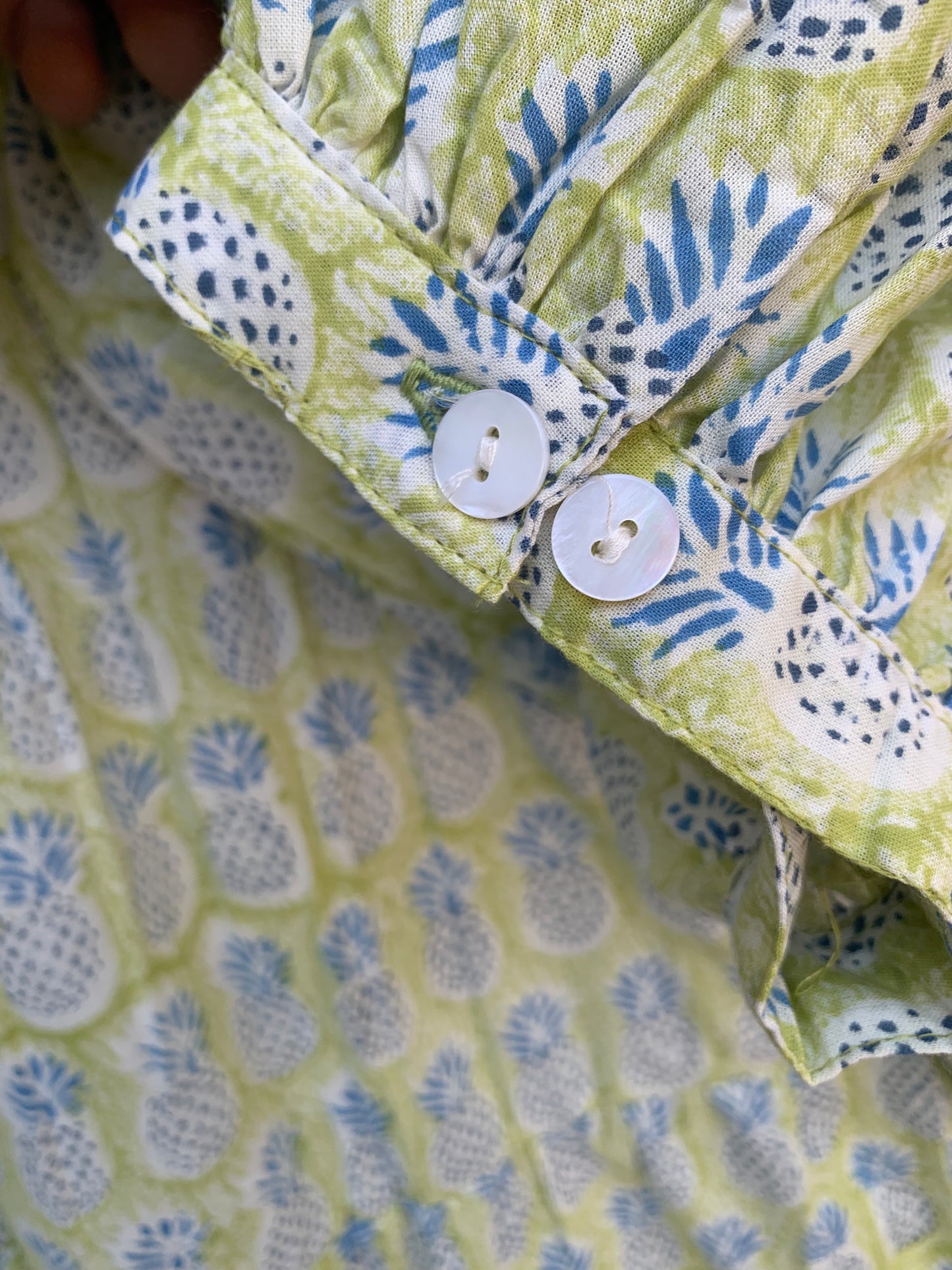 yellow pineapple hand block printed frill collared maxi dress - 3/4th button sleeves