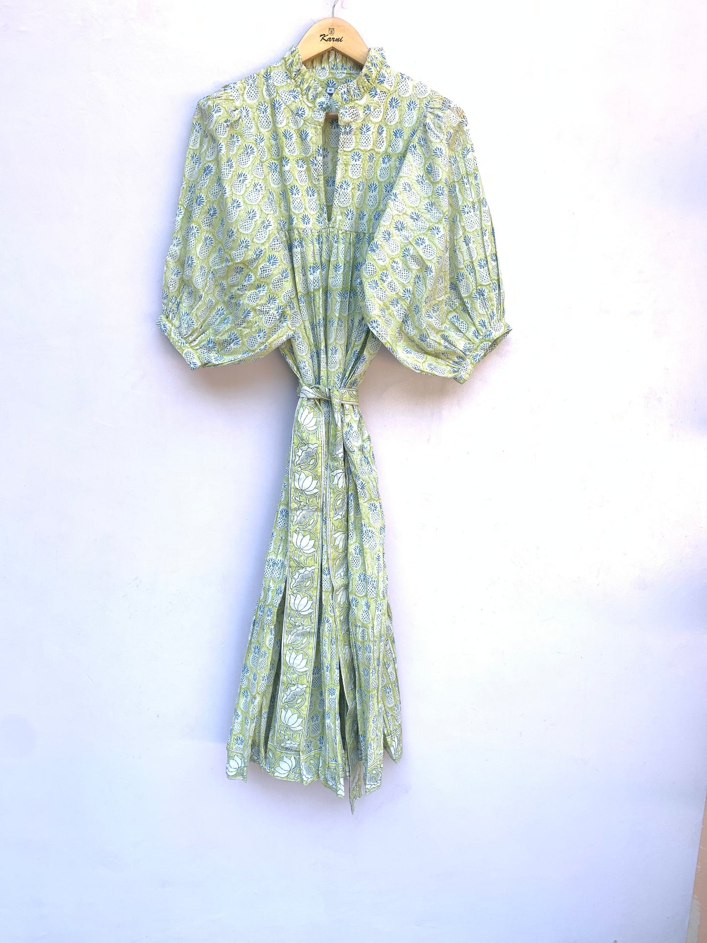 yellow pineapple hand block printed frill collared maxi dress - 3/4th button sleeves