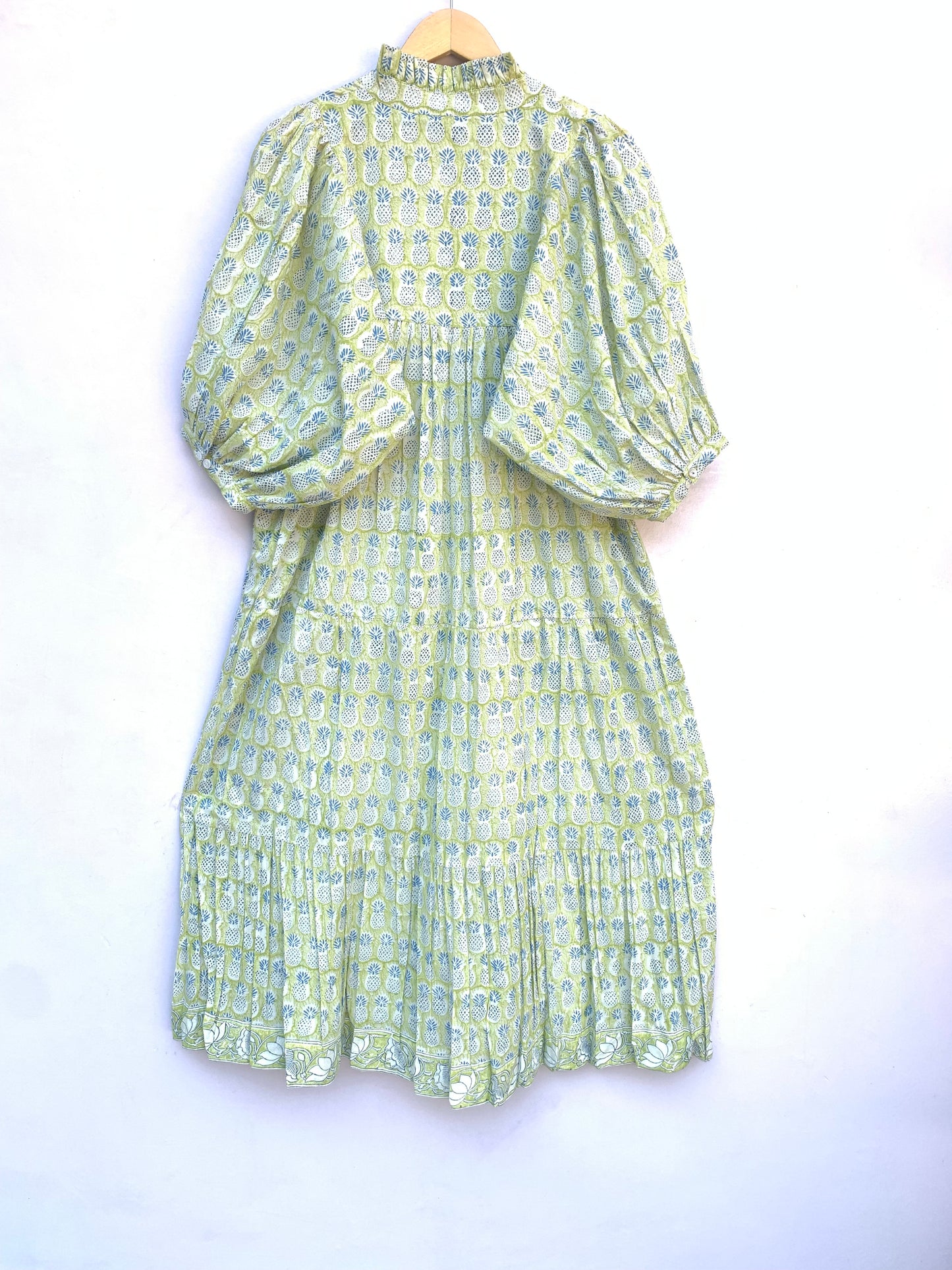 yellow pineapple hand block printed frill collared maxi dress - 3/4th button sleeves