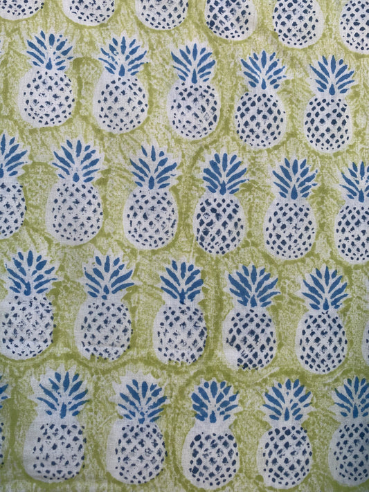 yellow pineapple hand block printed frill collared maxi dress - 3/4th button sleeves