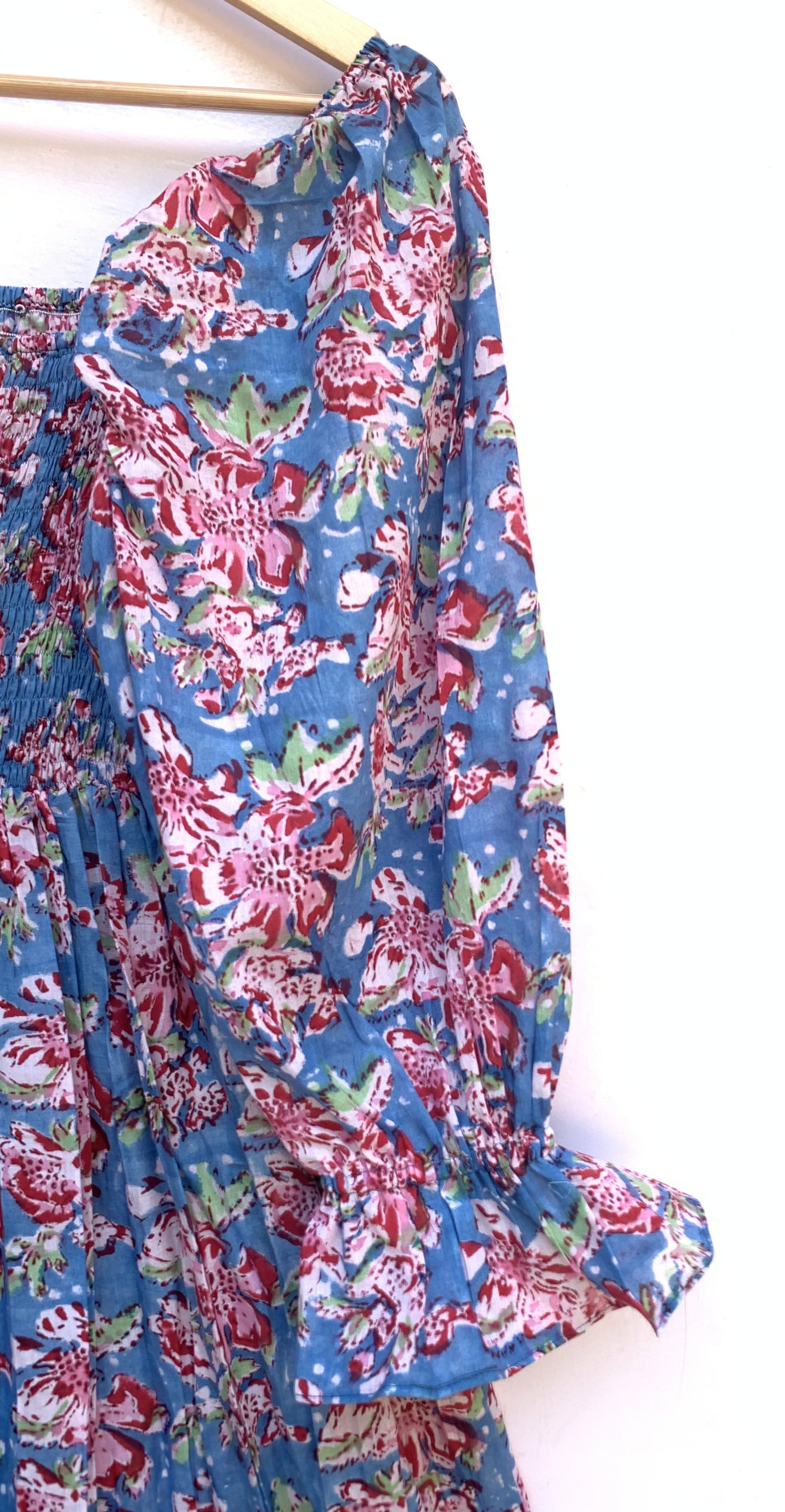 blue-red floral block printed women's maxi dress