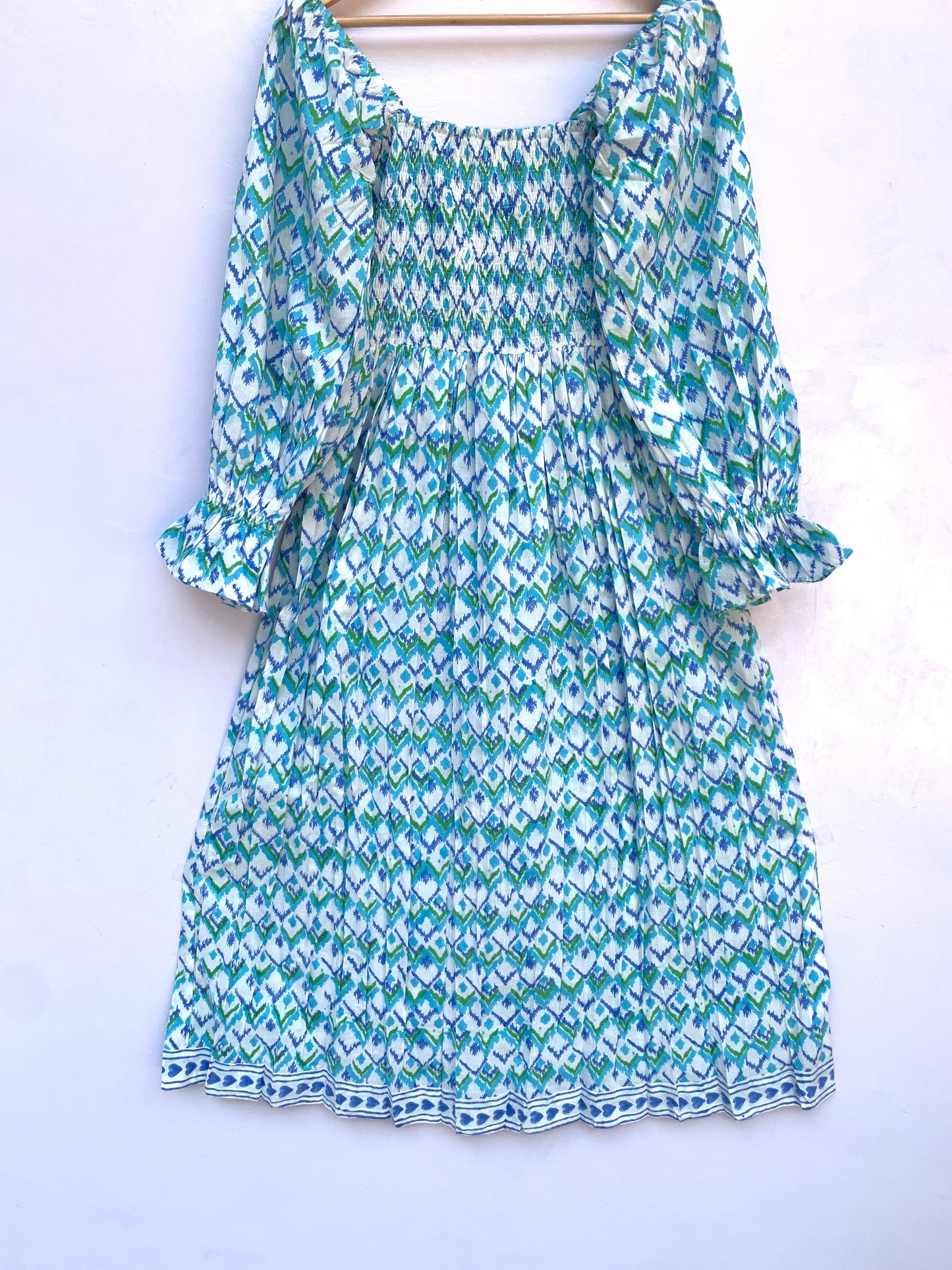 blue green geometrical hand block printed smocked maxi dress - long ruffle sleeves