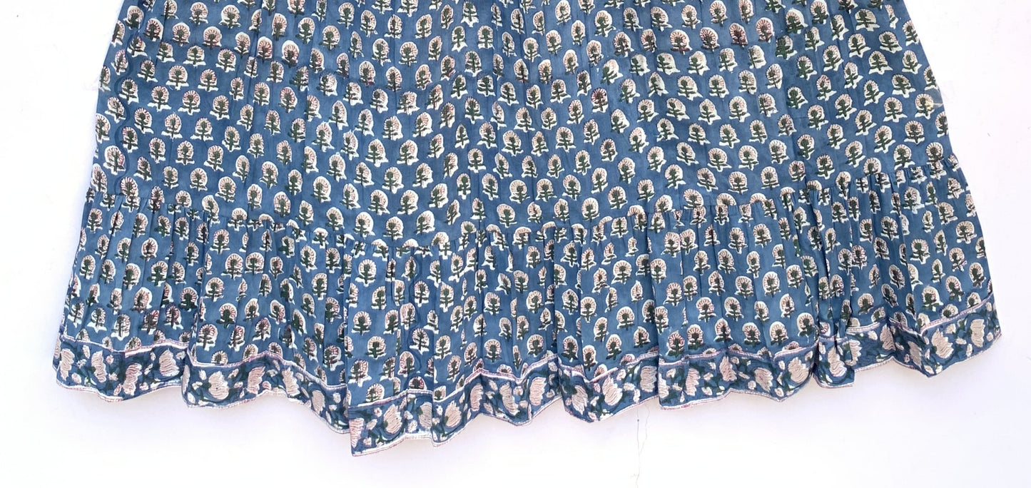 floral blue pattern printed women's smoked dress