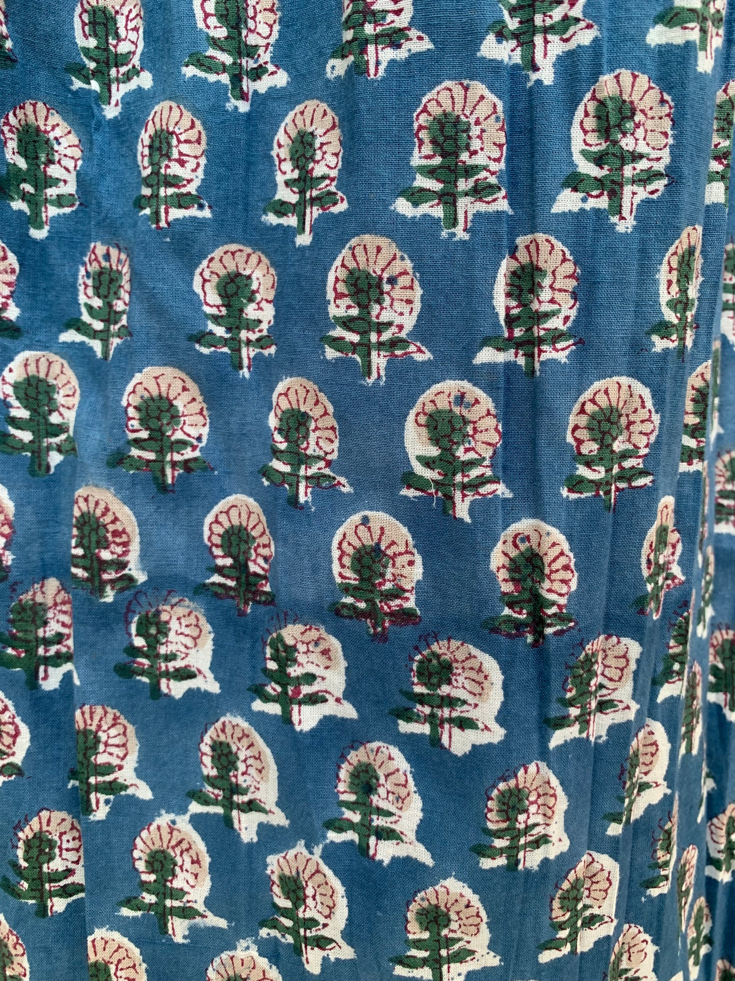 blue floral hand block printed smocked maxi dress - long ruffle sleeves