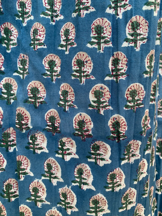 blue floral hand block printed smocked maxi dress - long ruffle sleeves