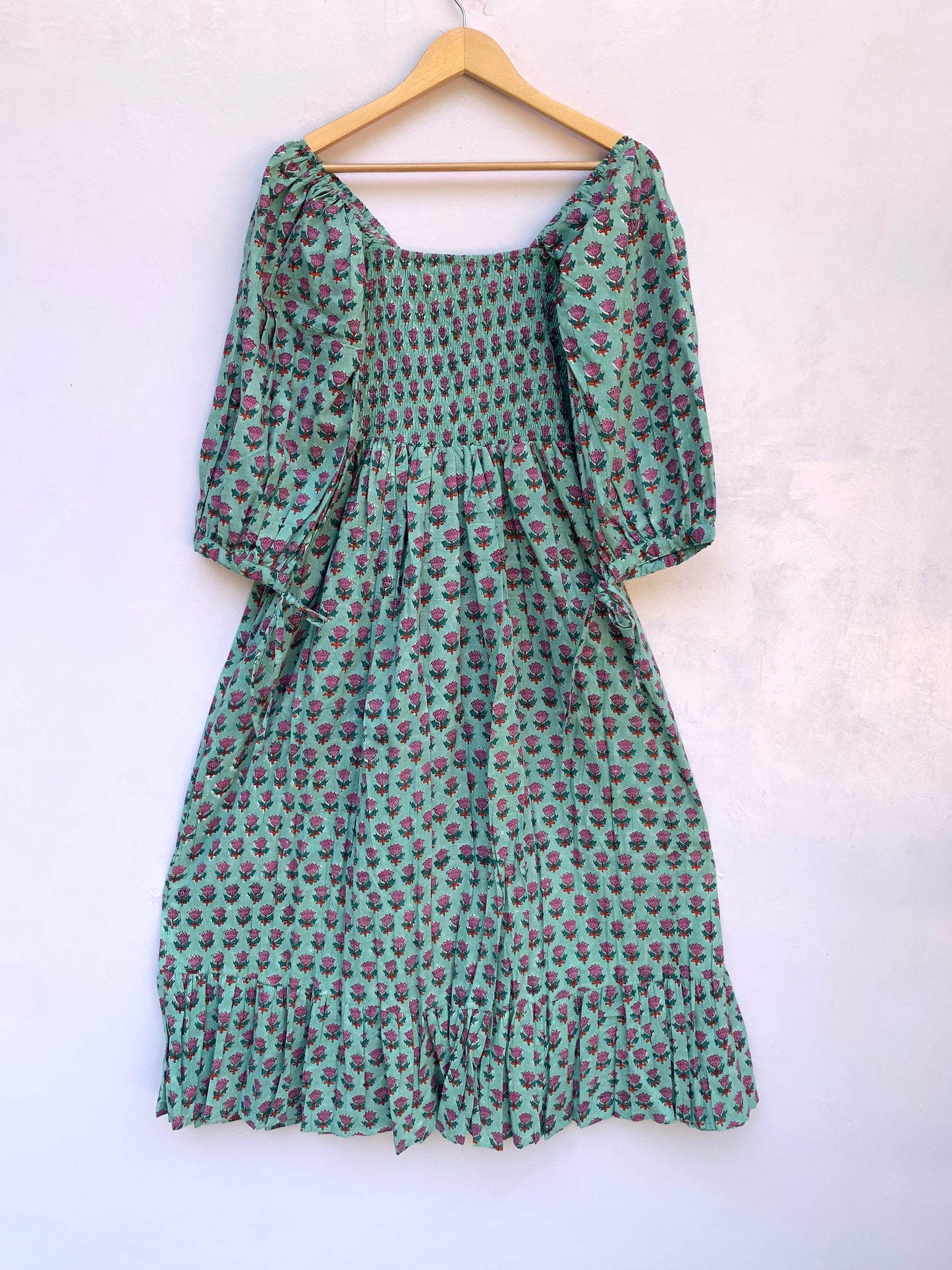 green pink floral hand block printed smocked maxi dress - long ruffle sleeves