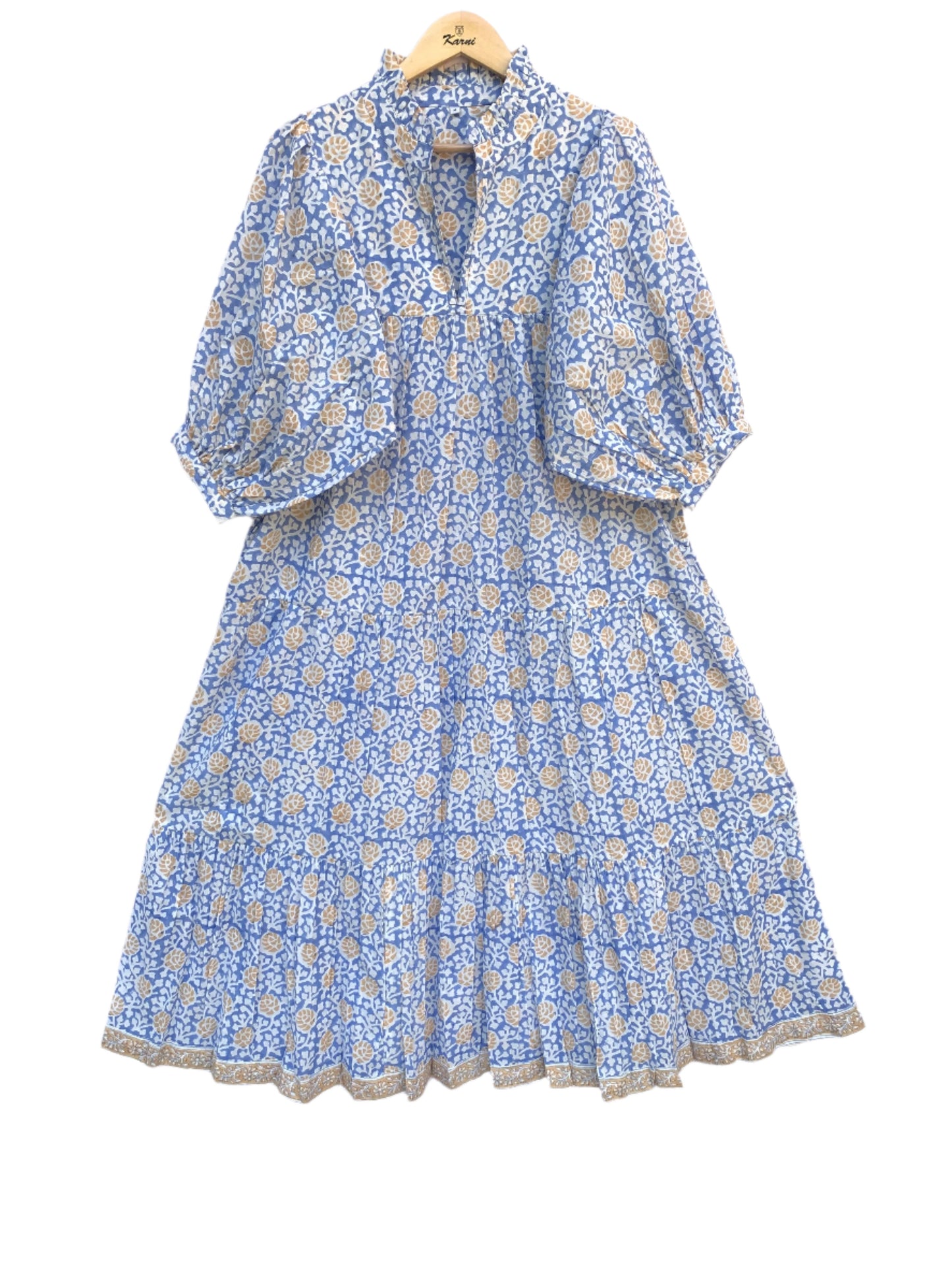 blue-yellow floral block printed women's maxi dress