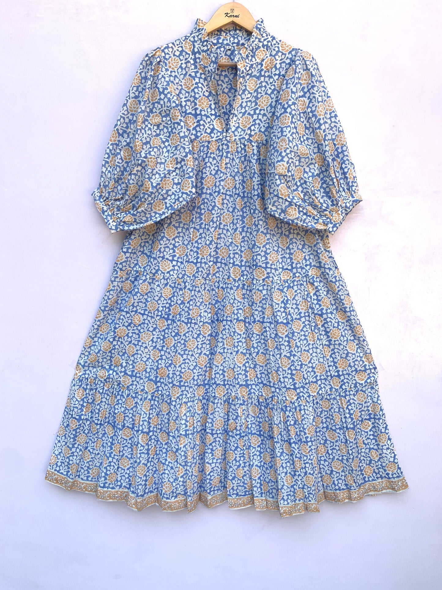 sky blue yellow floral geometrical hand block printed frill collared maxi dress - 3/4th button sleeves