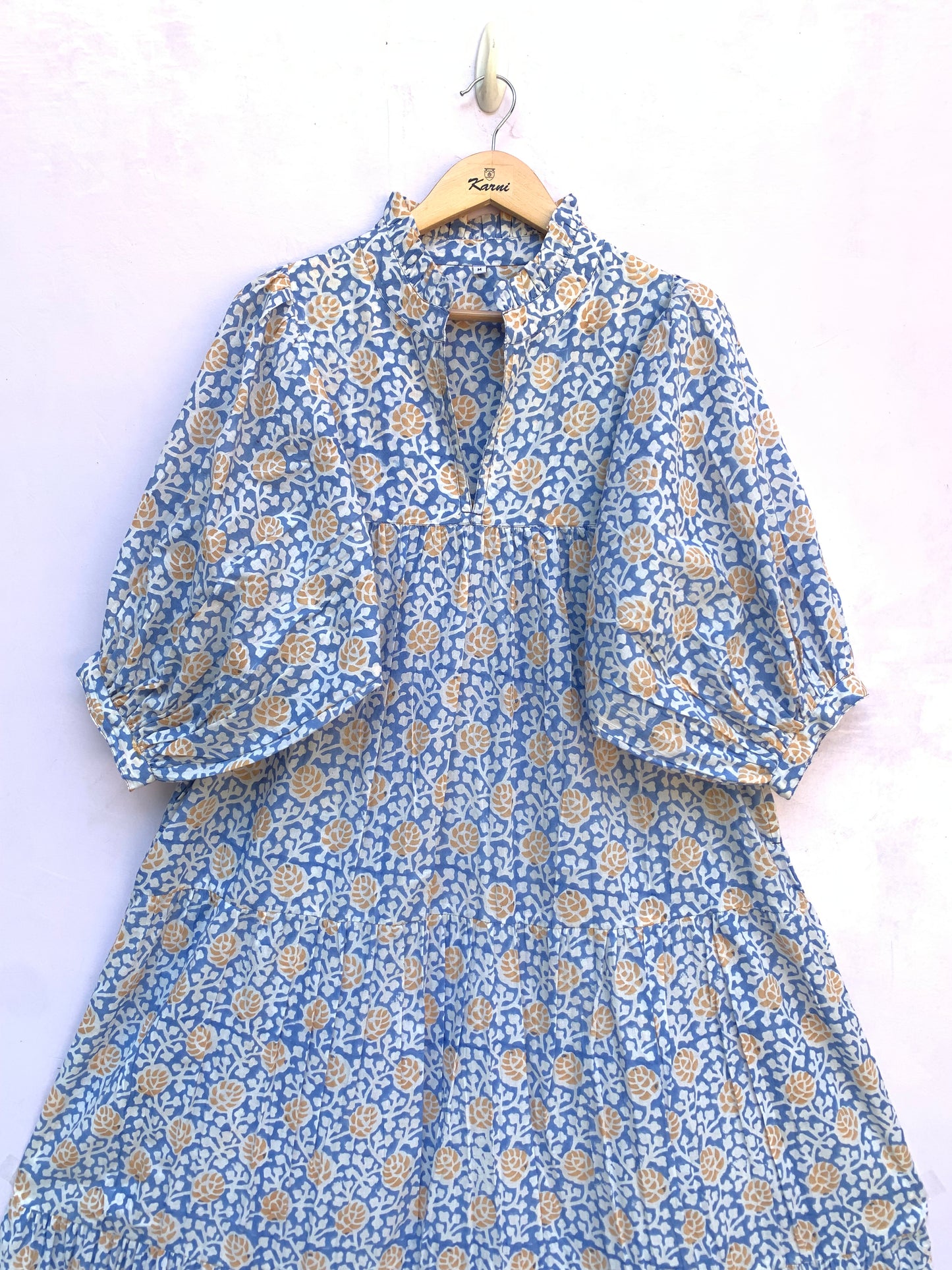 sky blue yellow floral geometrical hand block printed frill collared maxi dress - 3/4th button sleeves