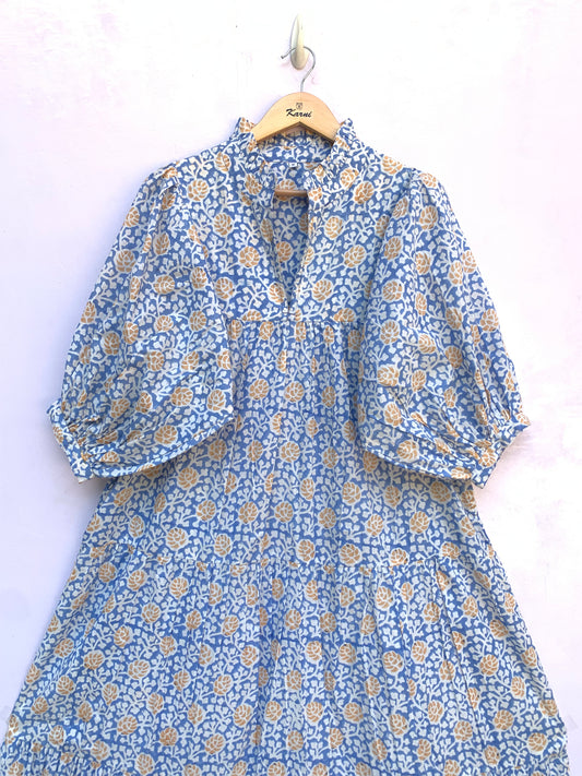 sky blue yellow floral geometrical hand block printed frill collared maxi dress - 3/4th button sleeves