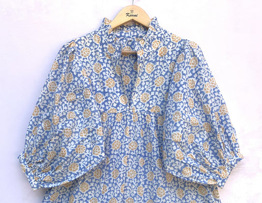 blue-yellow floral block printed women's maxi dress