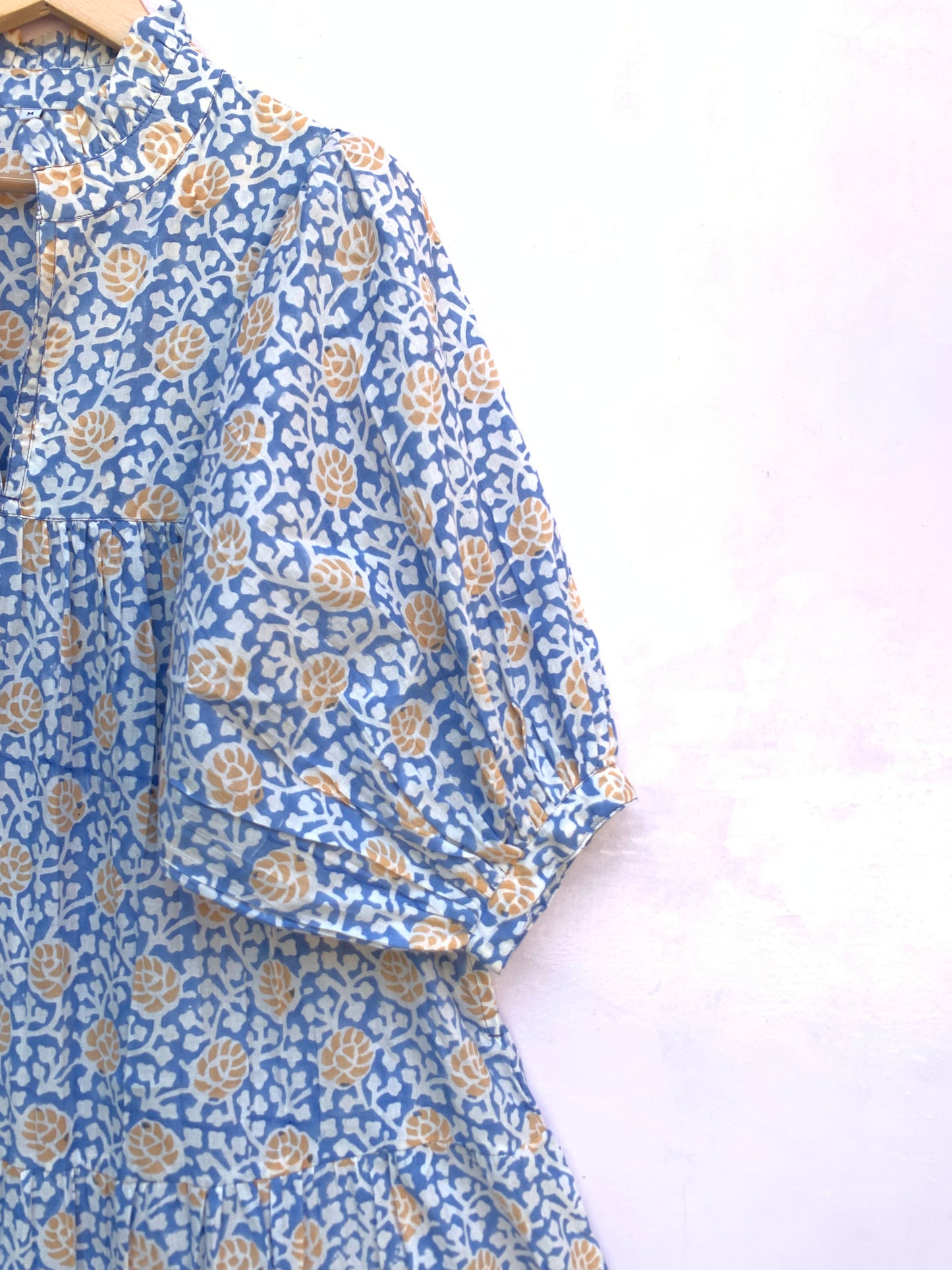 sky blue yellow floral geometrical hand block printed frill collared maxi dress - 3/4th button sleeves