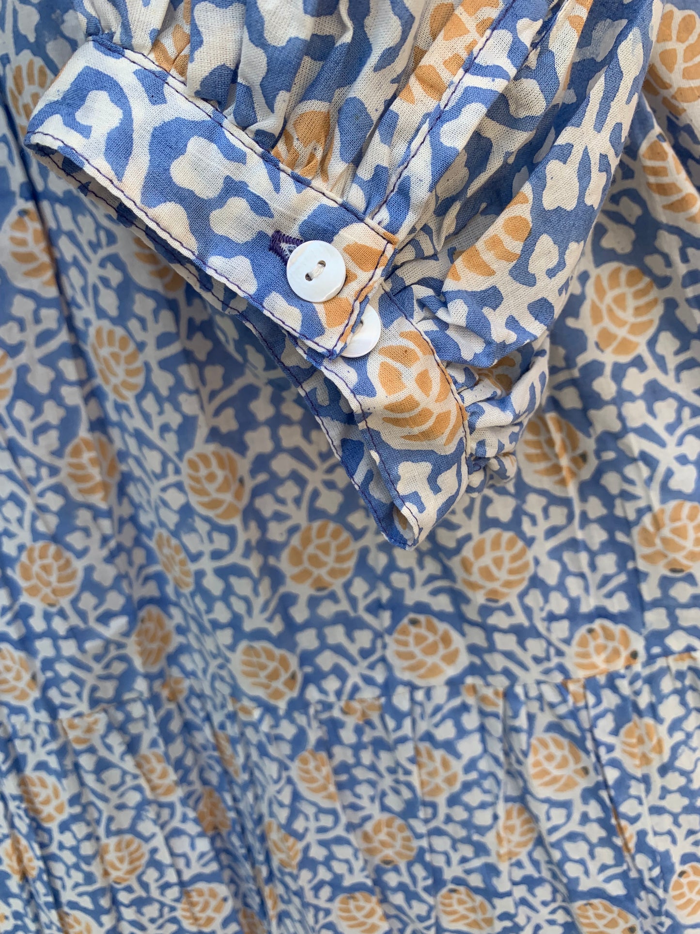 sky blue yellow floral geometrical hand block printed frill collared maxi dress - 3/4th button sleeves
