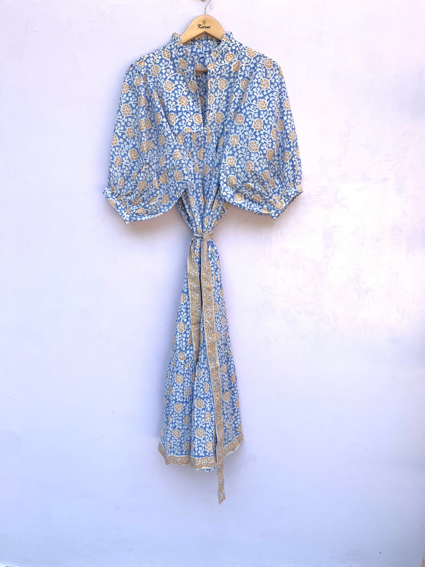 sky blue yellow floral geometrical hand block printed frill collared maxi dress - 3/4th button sleeves