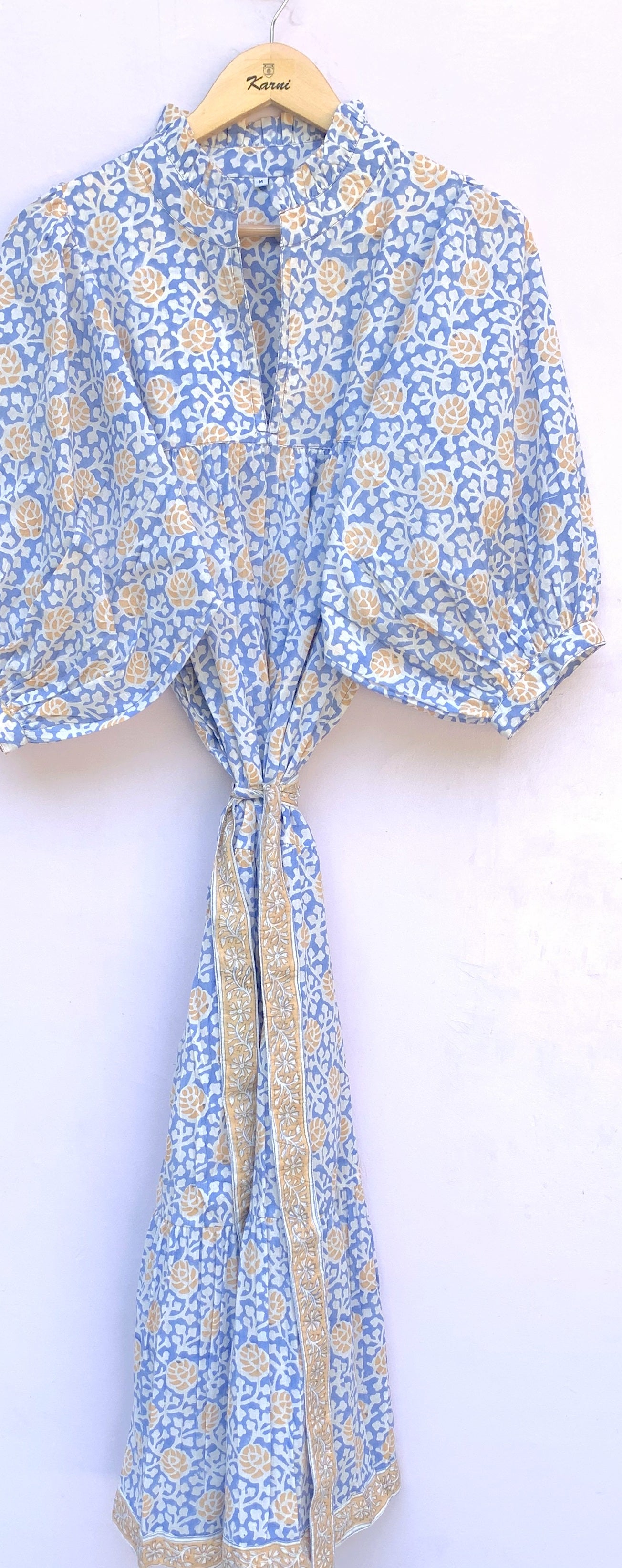 blue-yellow floral block printed women's maxi dress