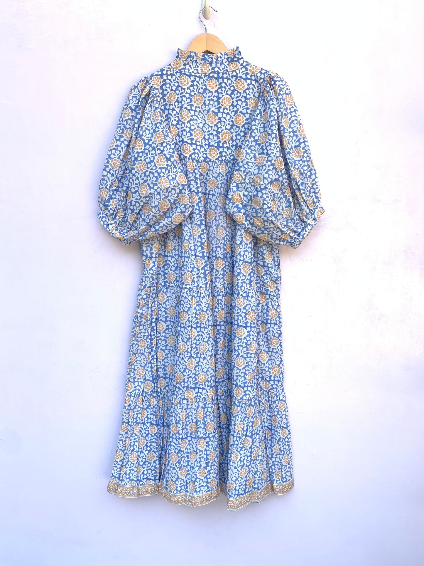 sky blue yellow floral geometrical hand block printed frill collared maxi dress - 3/4th button sleeves