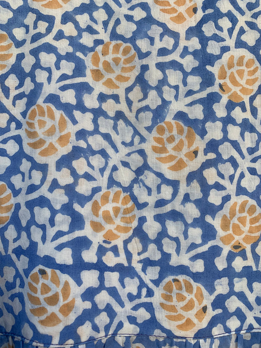 sky blue yellow floral geometrical hand block printed frill collared maxi dress - 3/4th button sleeves