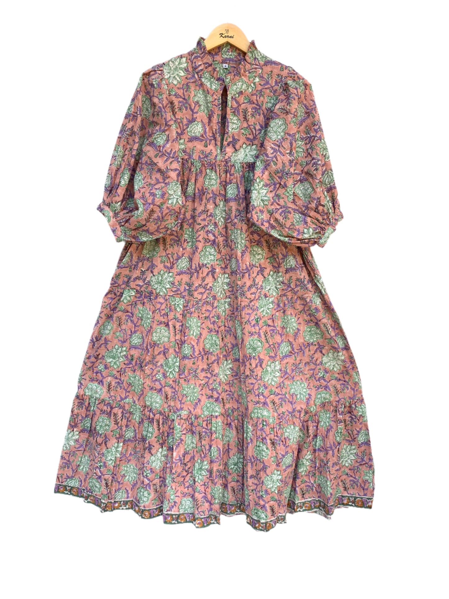 pink floral hand block printed frill collared maxi dress - 3/4th button sleeves