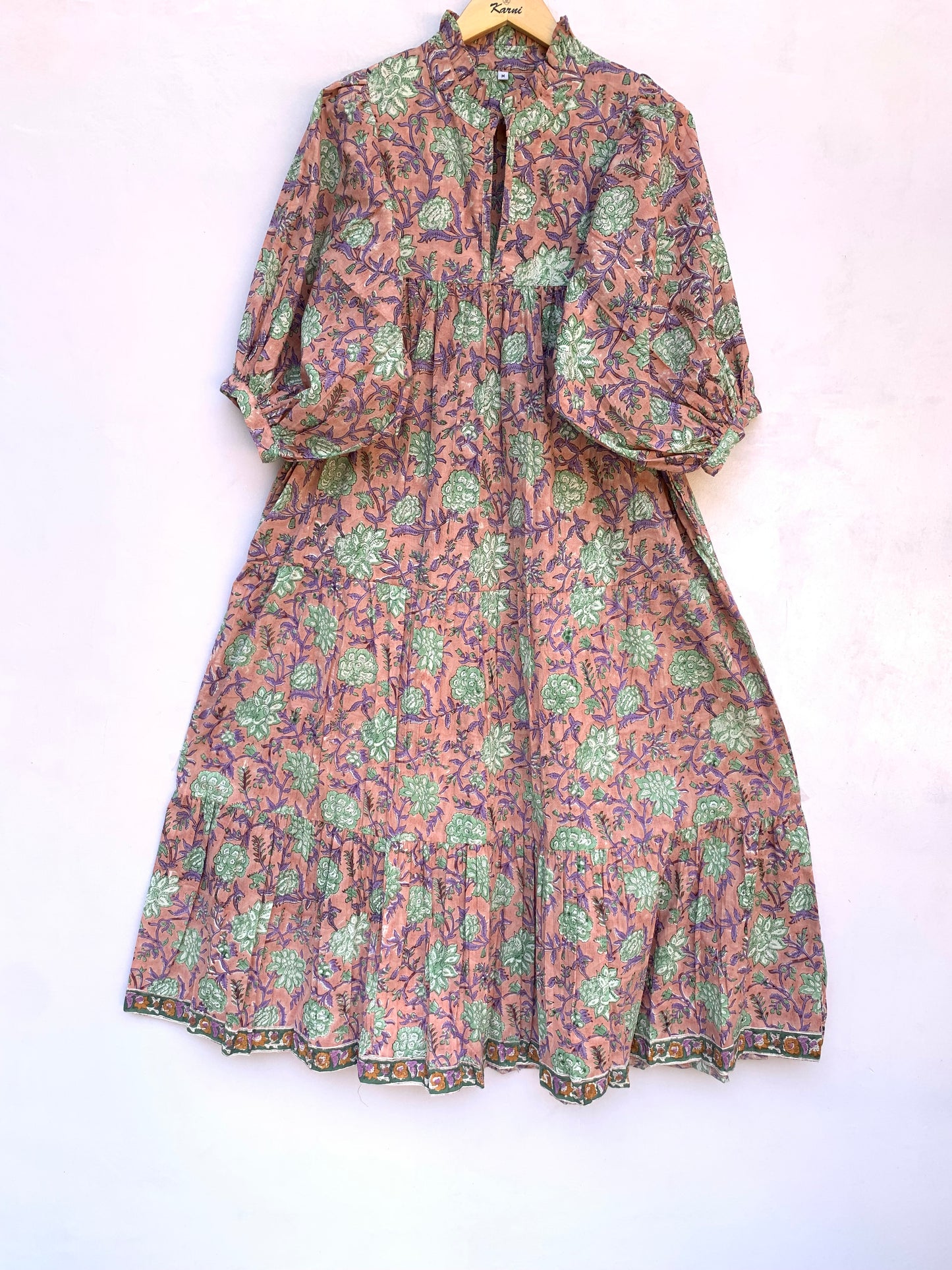 pink floral hand block printed frill collared maxi dress - 3/4th button sleeves