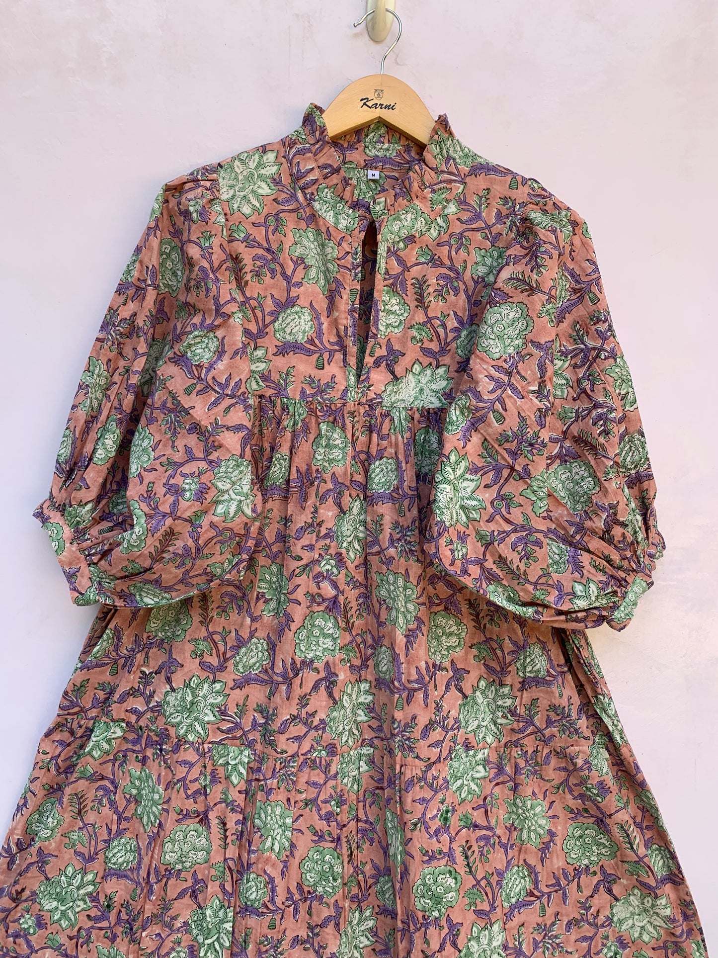 pink floral hand block printed frill collared maxi dress - 3/4th button sleeves