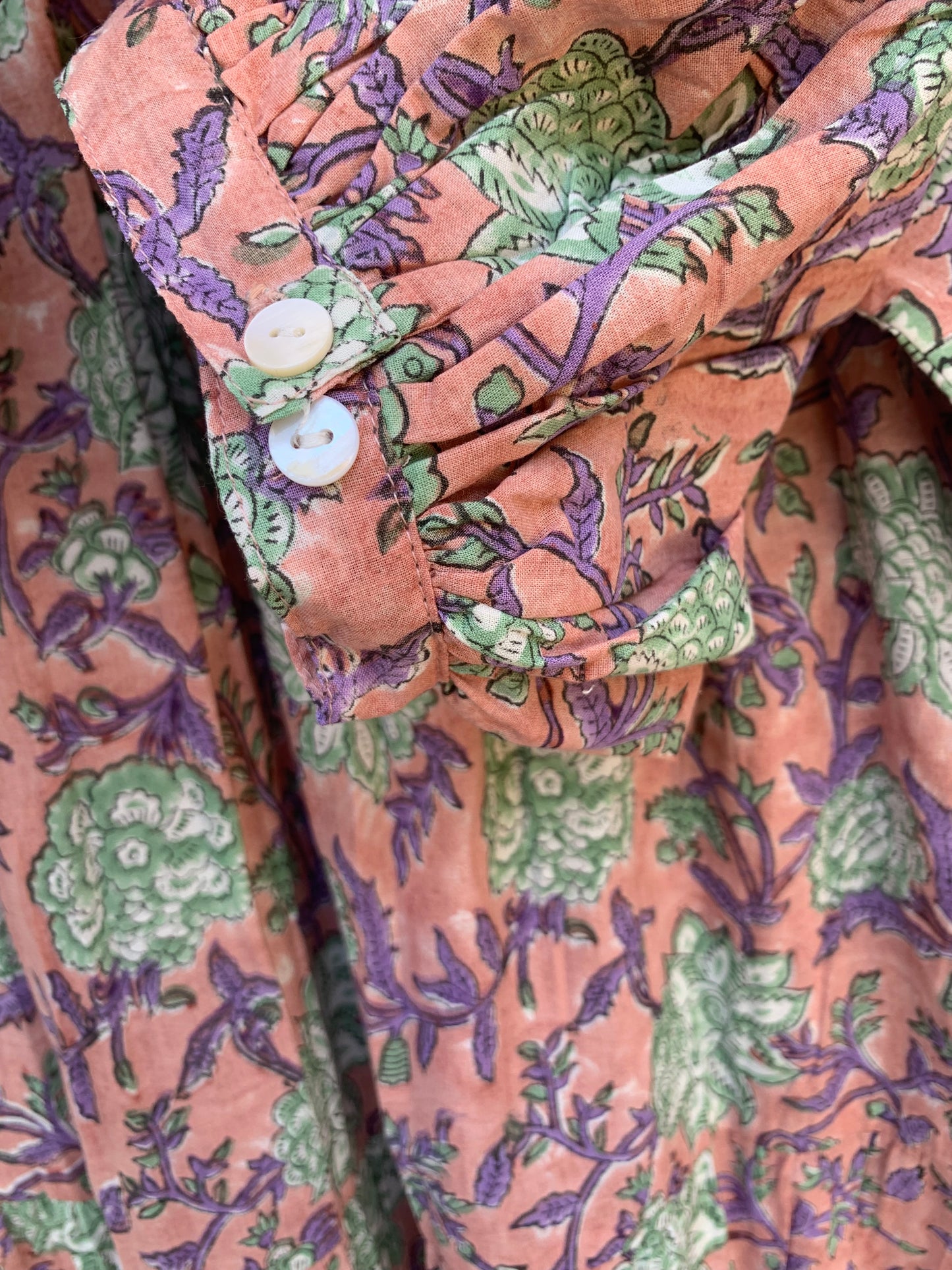 pink floral hand block printed frill collared maxi dress - 3/4th button sleeves