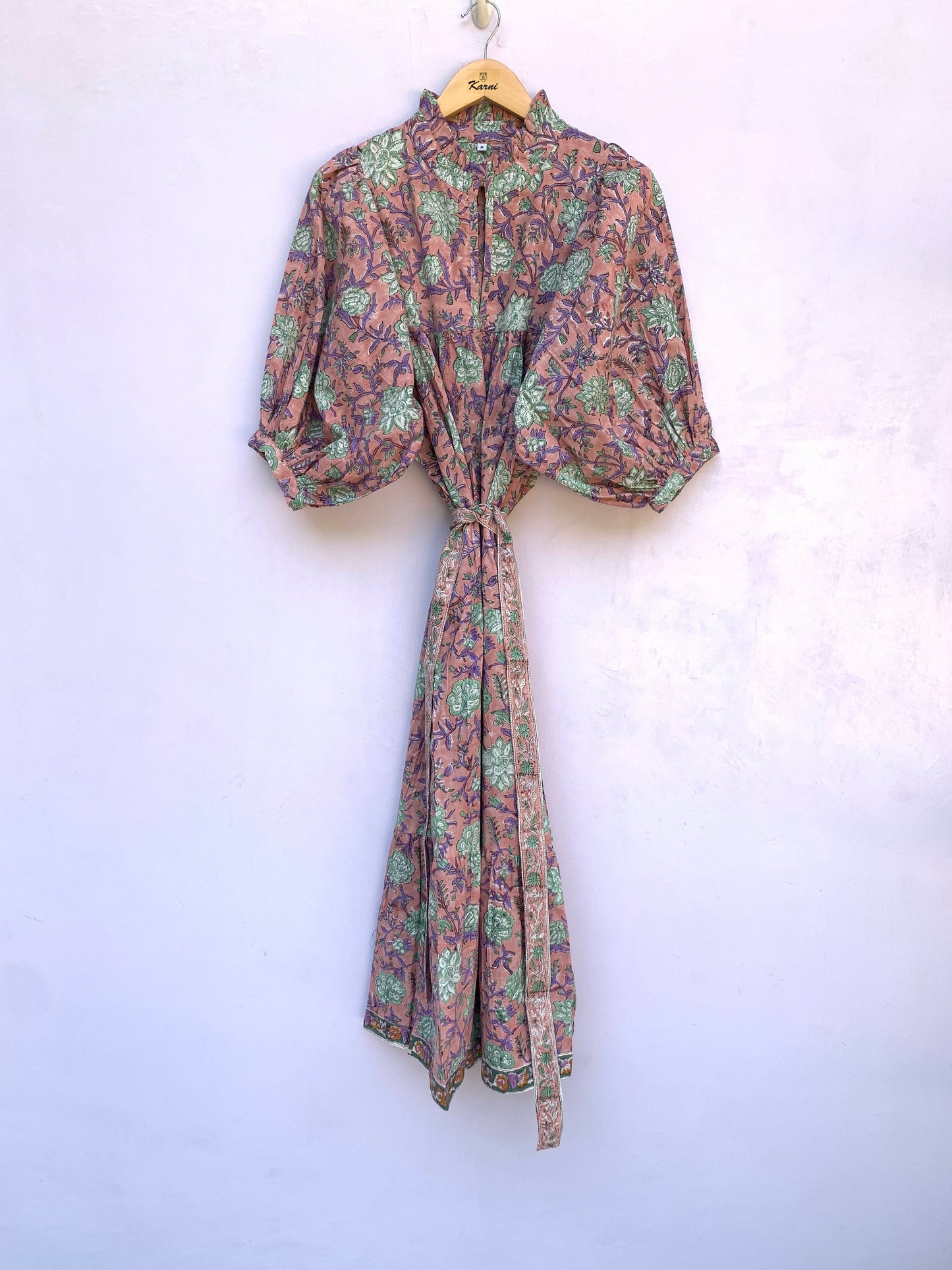 pink floral hand block printed frill collared maxi dress - 3/4th button sleeves